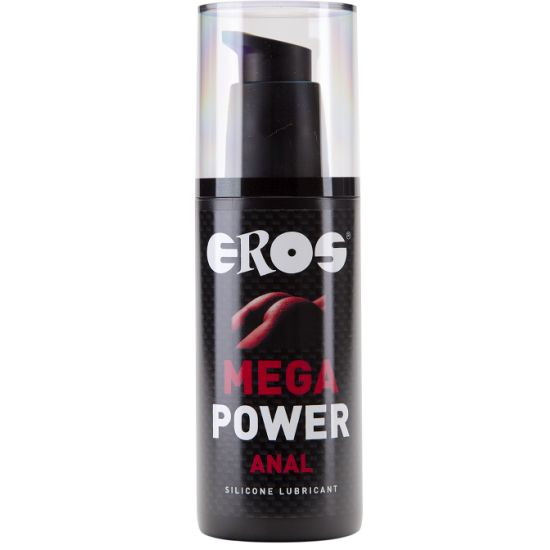 Lubrificante anale Eros Mega Power con dispenser a pompa. Flacone nero con logo argento e scritte rosse.