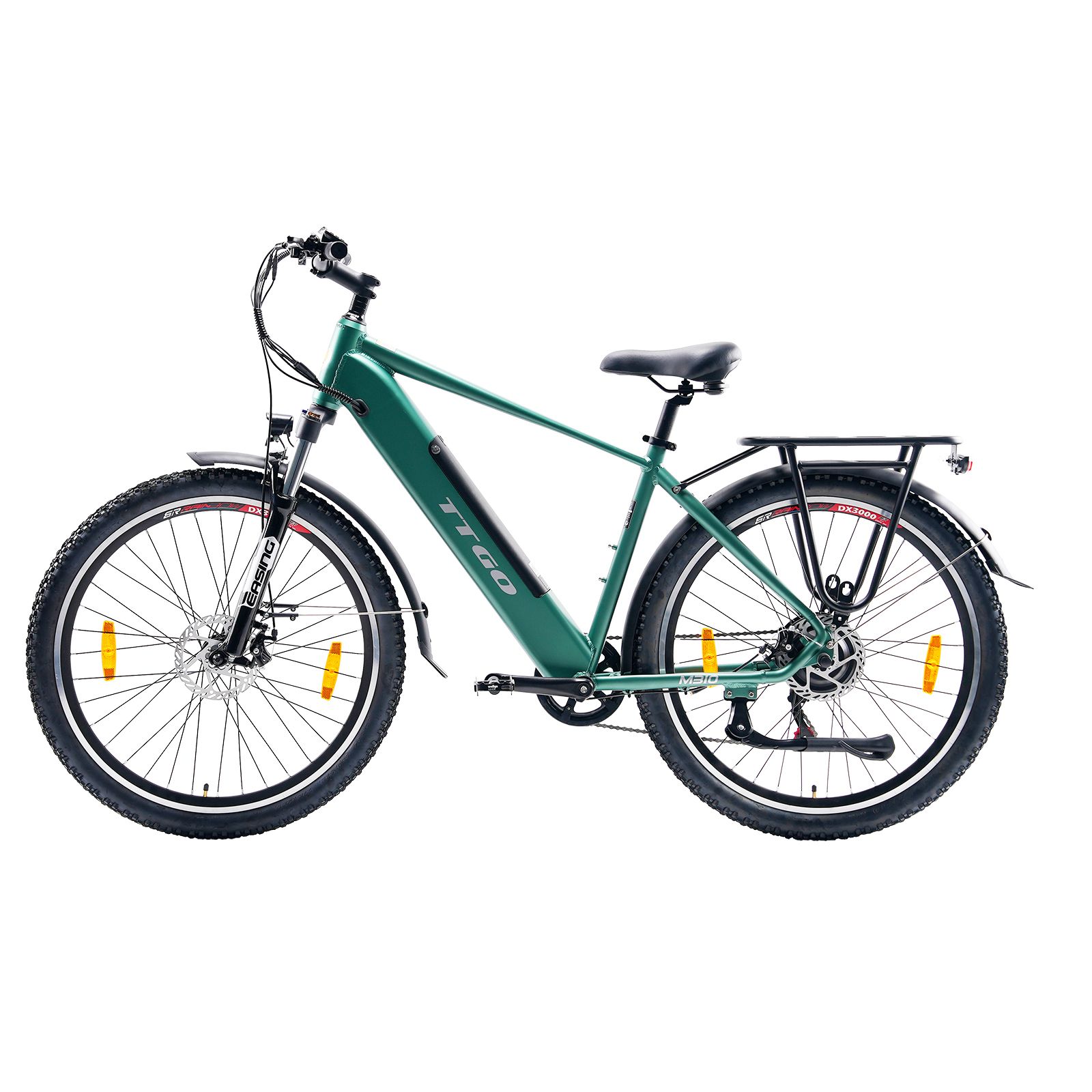E-bike TTGO verde con portapacchi, sella e pneumatici neri. Riflettori gialli sulle ruote.
