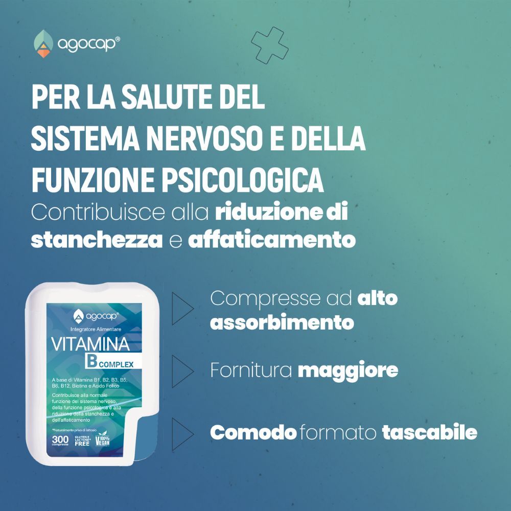 Confezione di Vitamina B Complex. Formato pocket. Marchio Agocap. Testo: Per la salute del sistema nervoso.