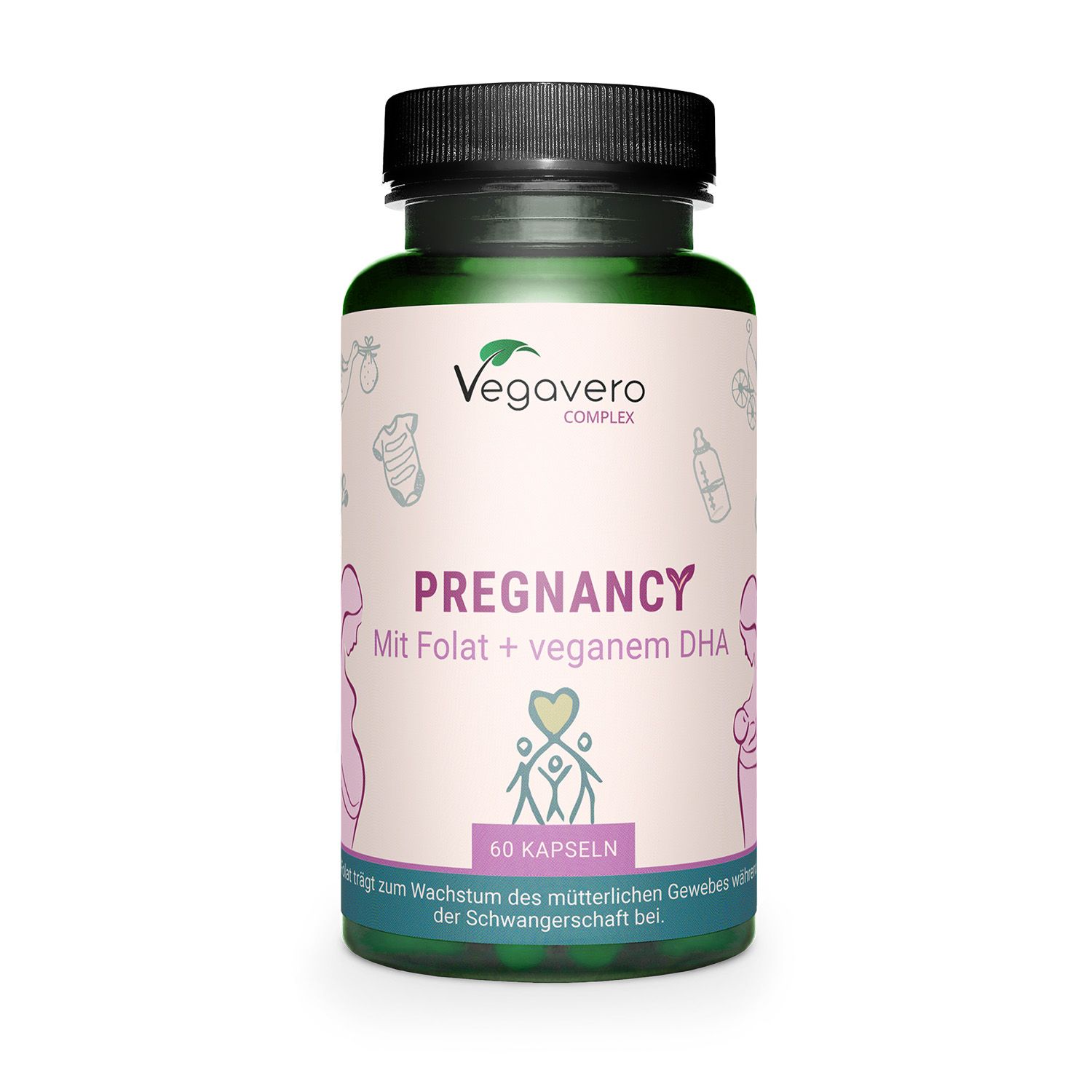 Flacone verde, tappo nero. Scritta: Pregnancy. 60 capsule. DHA vegano e folato.
