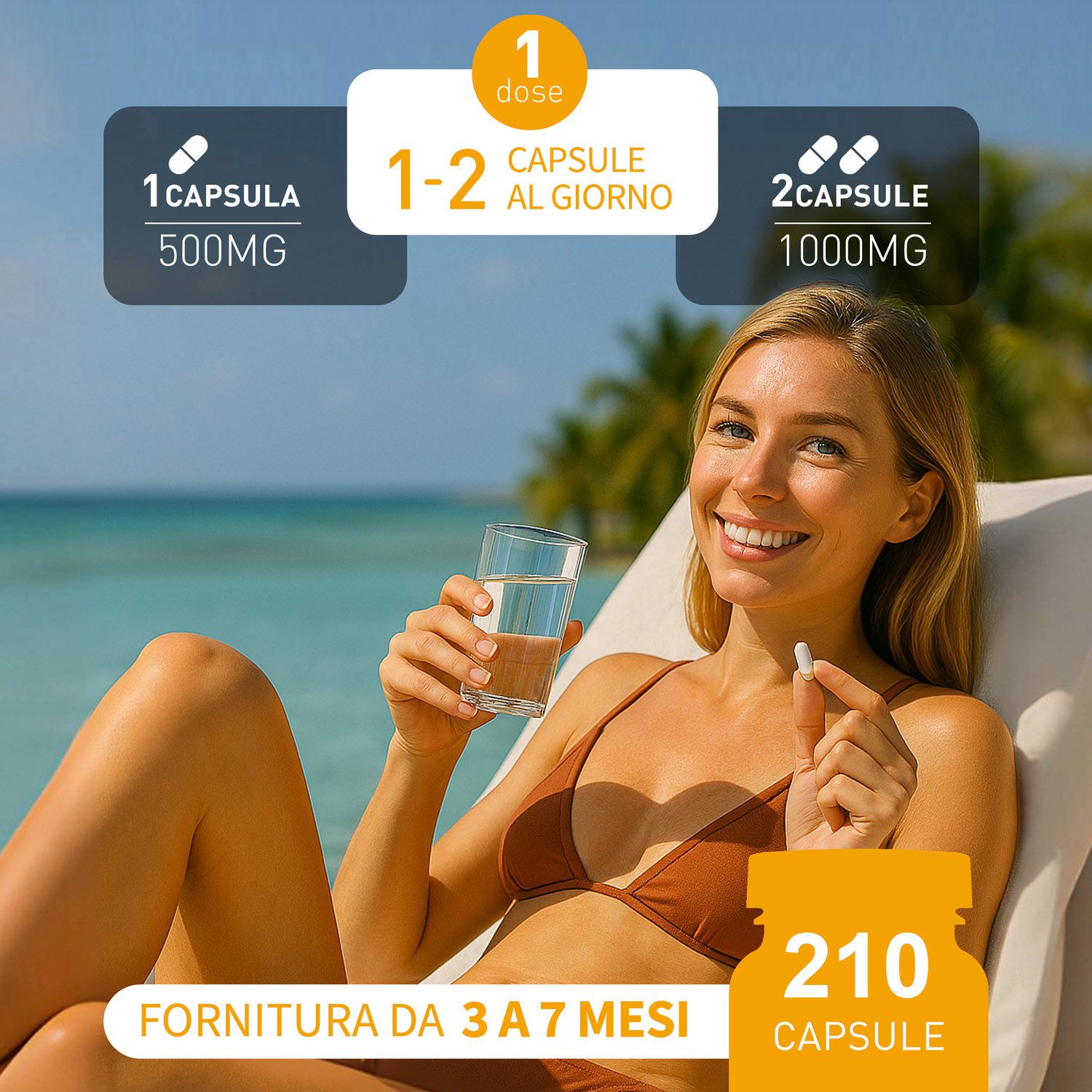 Donna con capsula e bicchiere d'acqua. Testo: 1-2 capsule al giorno. 210 capsule. Fornitura 3-7 mesi.
