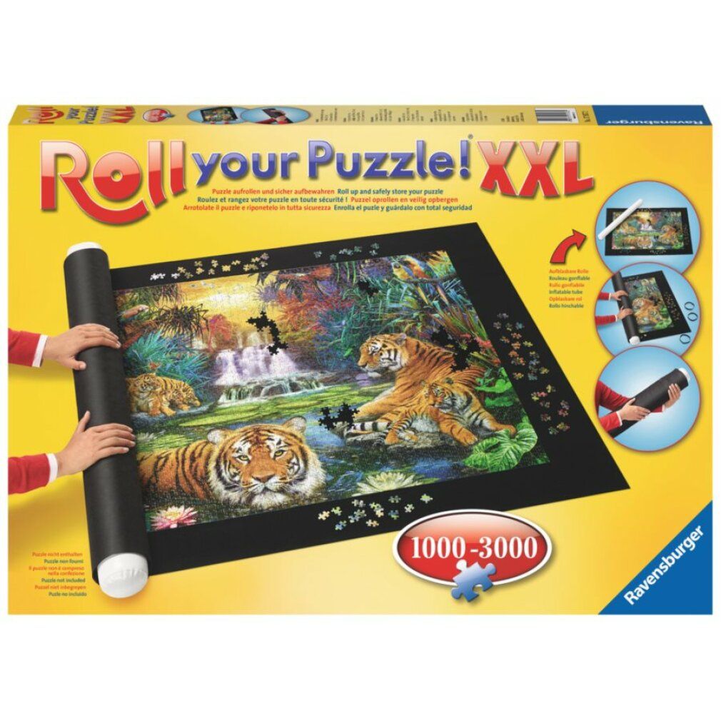 Tappetino per puzzle con puzzle arrotolato e accessori. Tappetino nero, puzzle di tigri, rullo. Confezione con nome del prodotto.