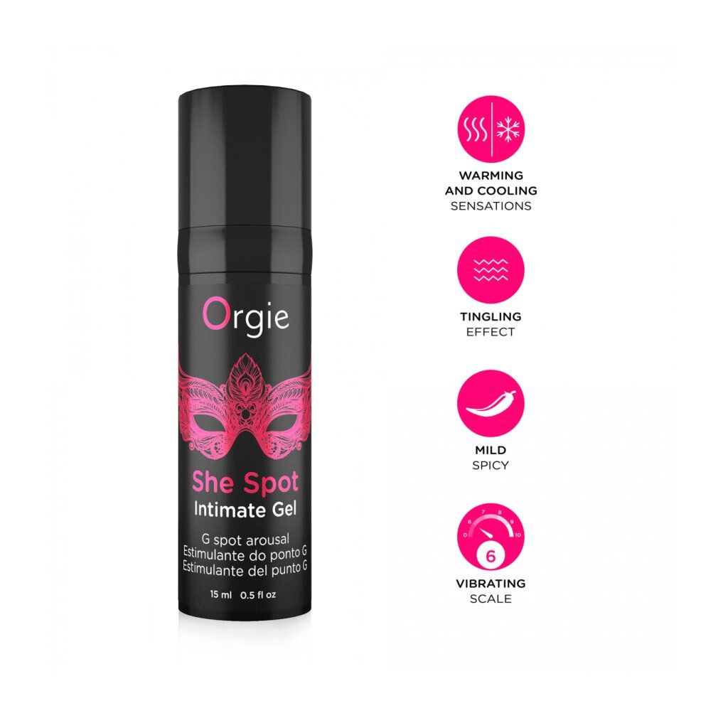 Flacone nero con etichetta rosa. Testo: Orgie, She Spot Intimate Gel. Icone: sensazioni calde, formicolio, delicato, piccante, scala vibrazioni.