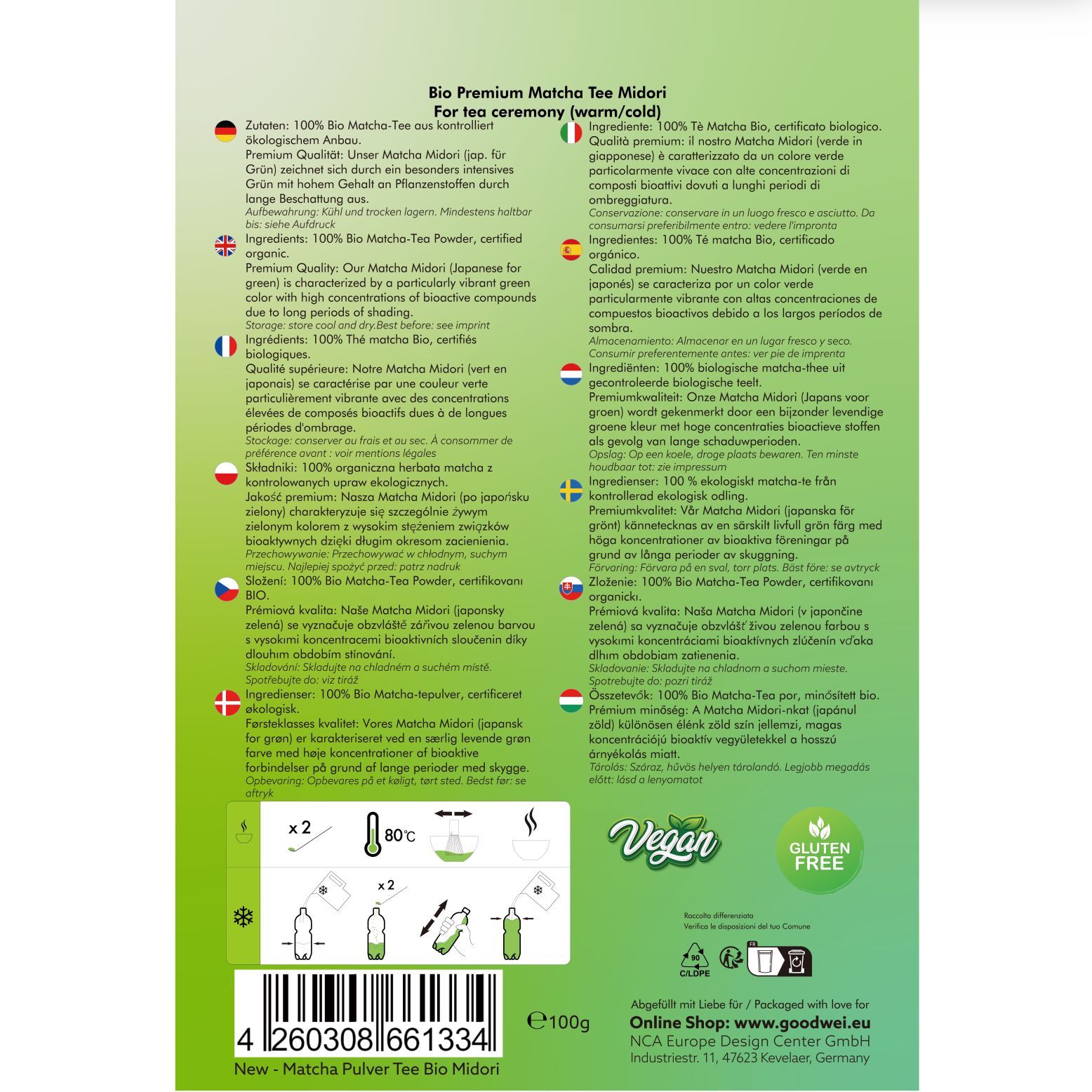 Retro della confezione. Testo in più lingue. Informazioni su ingredienti, preparazione, certificazioni.