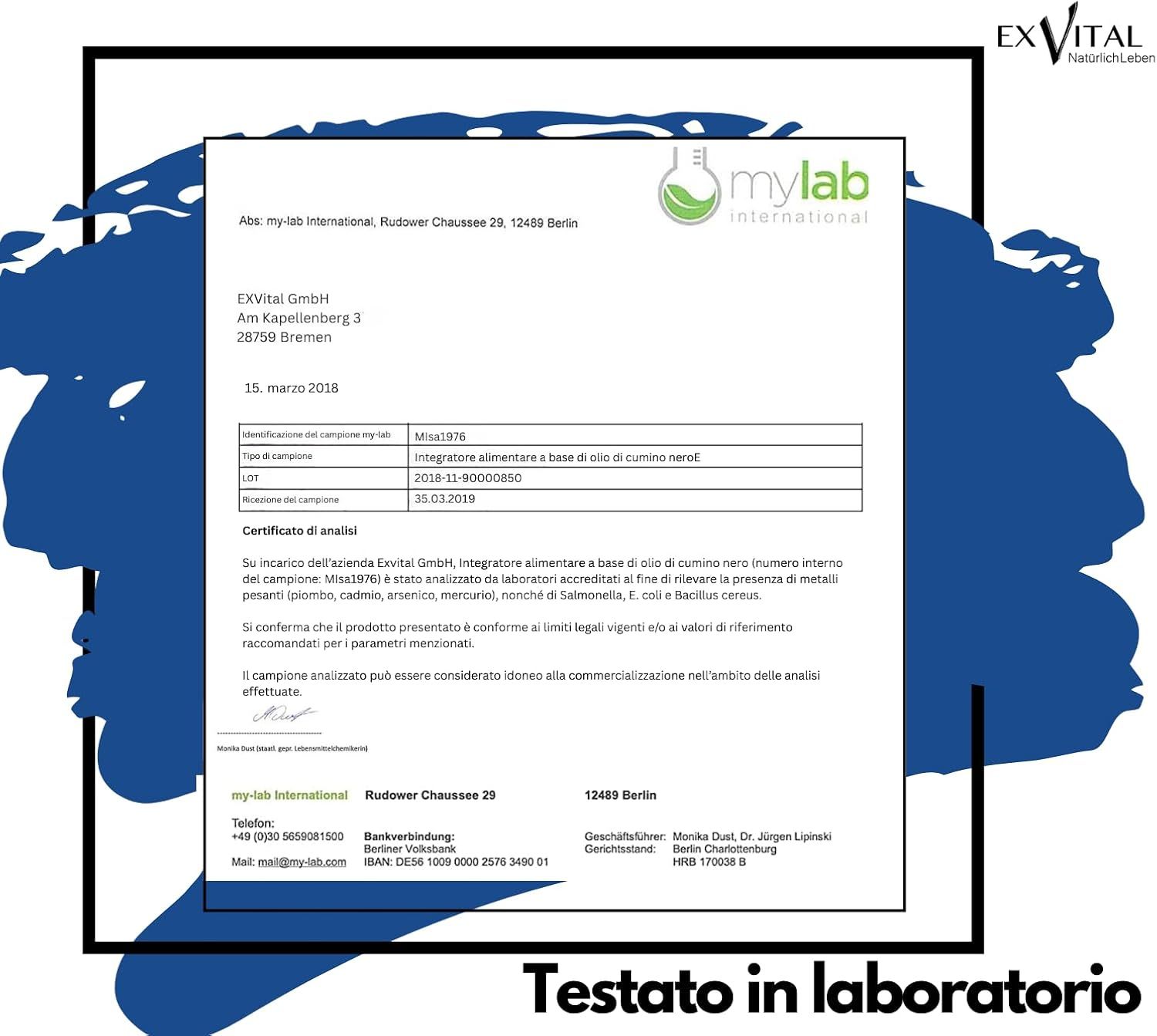 Rapporto di laboratorio di mylab International. Testo: Integratore alimentare a base di olio di cumino nero. Testato.