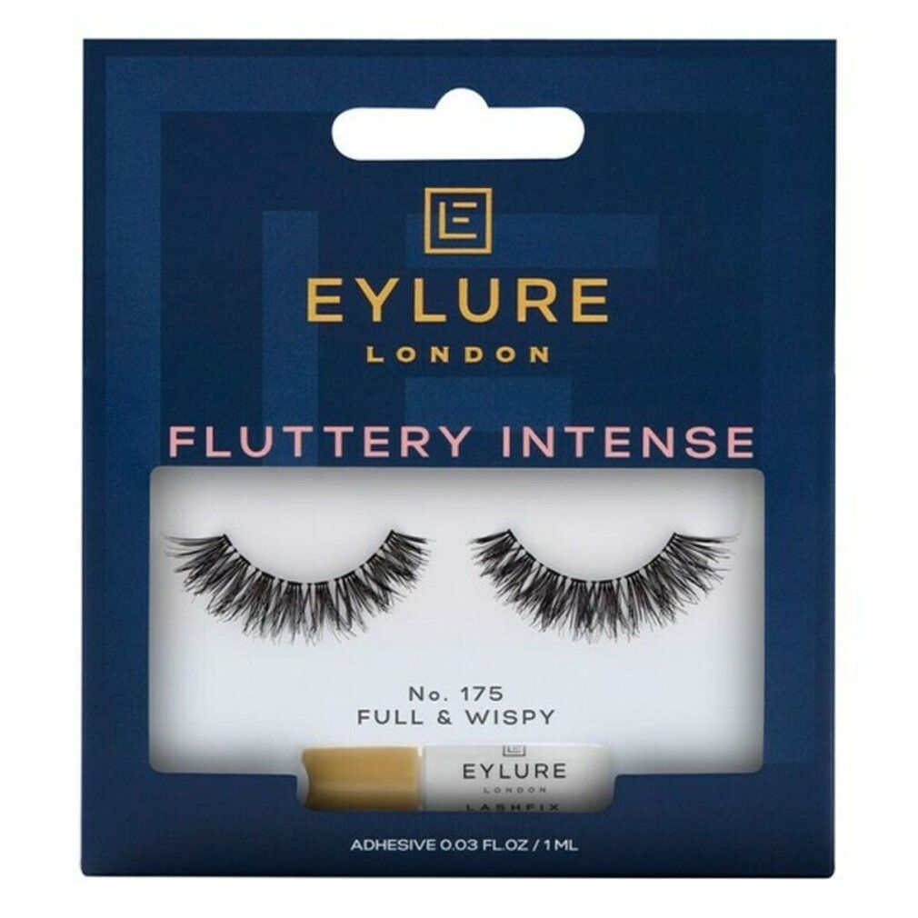Eylure Ciglia Intense Fluttuanti 175. Ciglia nere, colla e confezione. Scritta: Fluttery Intense, No. 175 Full & Wispy.