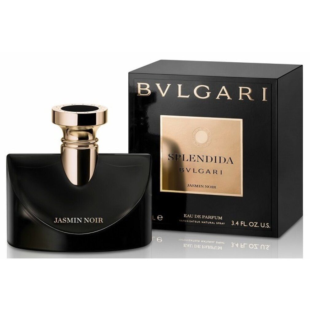 Flacone nero con tappo dorato e confezione nera. Scritta: Jasmin Noir, Bvlgari Splendida. 3.4 FL. OZ. U.S.