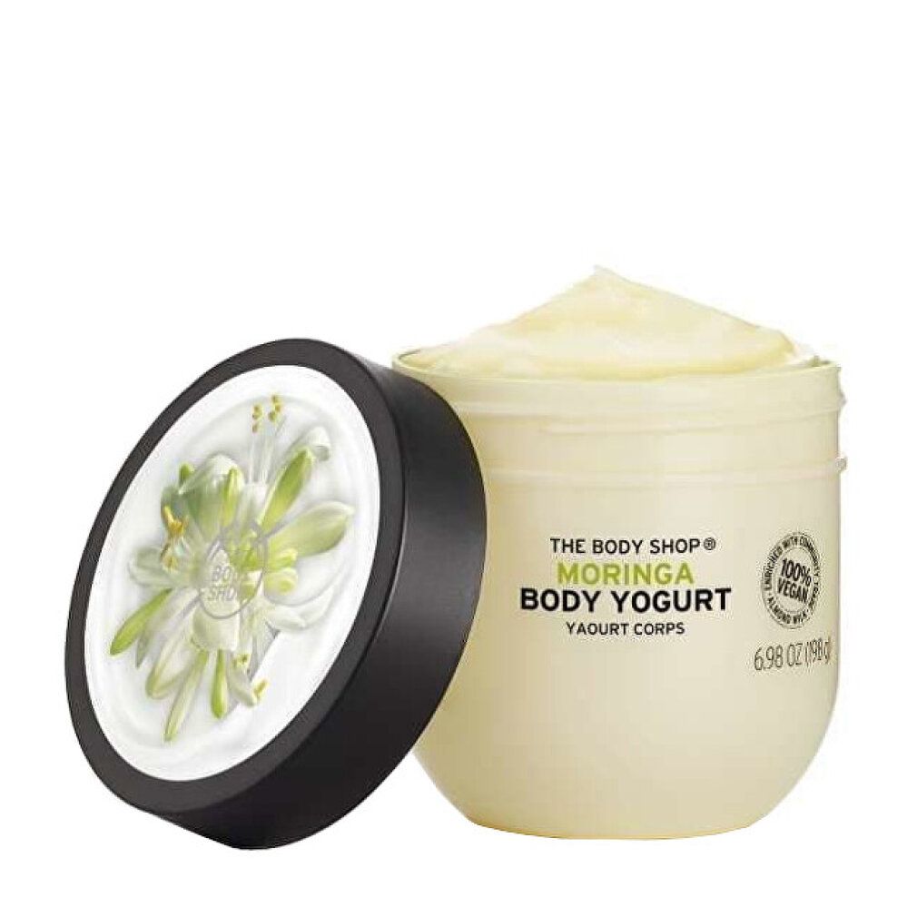 Barattolo Body Yogurt Moringa, coperchio accanto. Scritta: 100% vegano. Contenuto visibile.