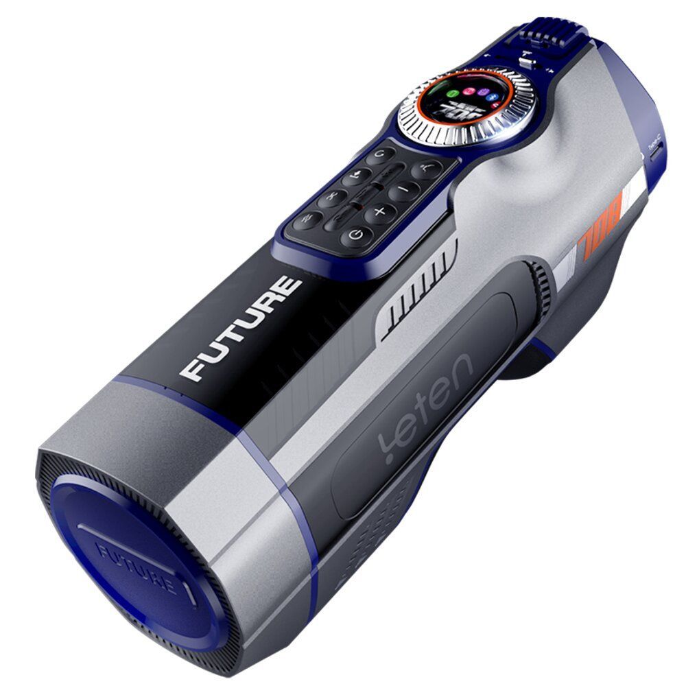 Dispositivo grigio-blu con pannello comandi, scritta FUTURE e logo 'leten'. Comandi rotondi e forma cilindrica.