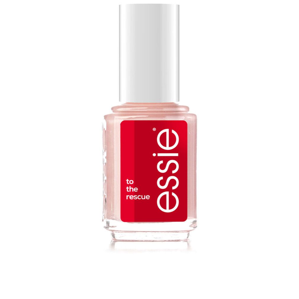 Flacone in vetro trasparente con tappo bianco. Etichetta rossa con testo bianco: essie, to the rescue.