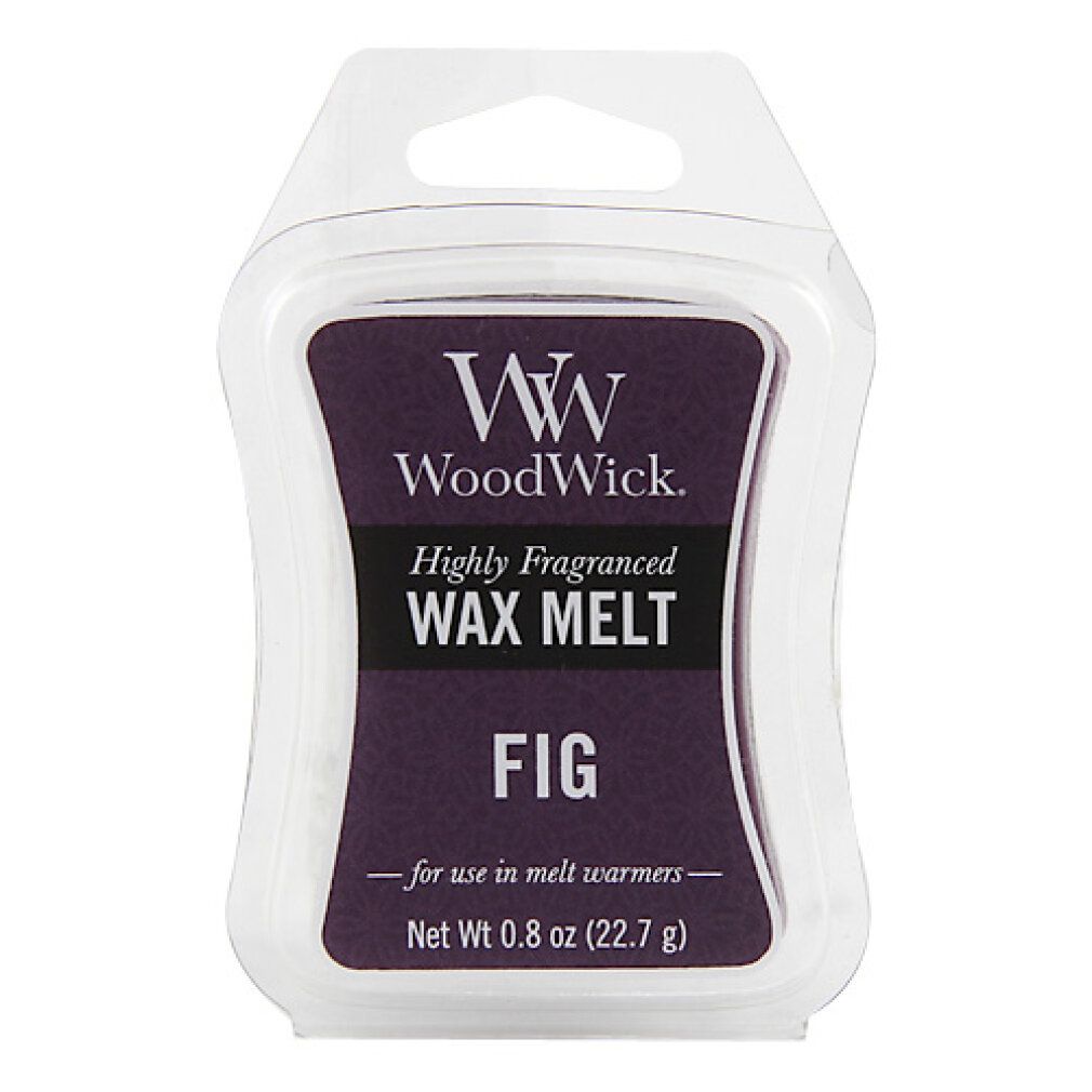 Cera profumata in confezione di plastica. Scritta: WoodWick, Highly Fragranced Wax Melt, FIG. Peso netto 0.8 oz (22.7 g).
