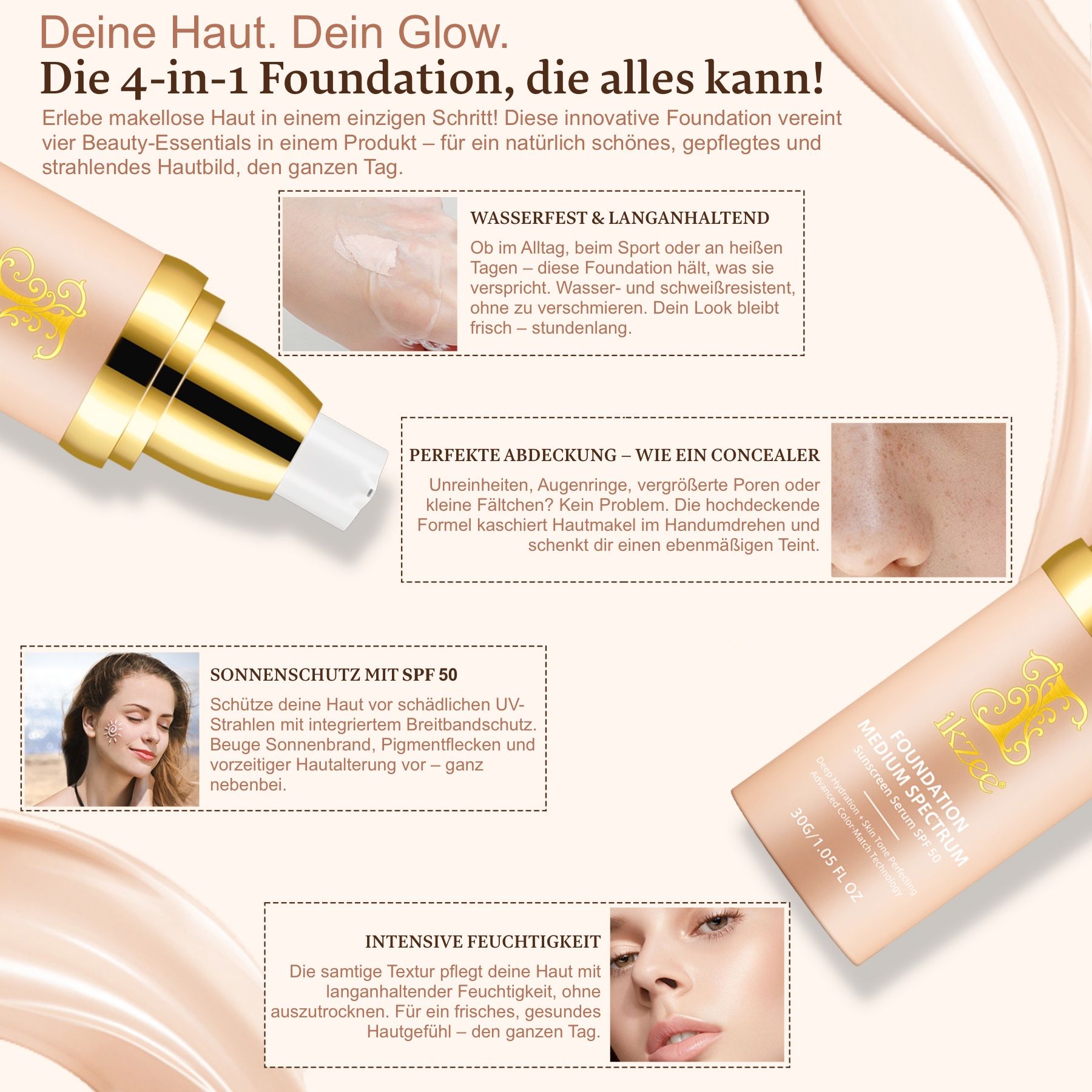 Un flacone di fondotinta con protezione UV. Il prodotto indica "Foundation Medium Spectrum SPF 50".