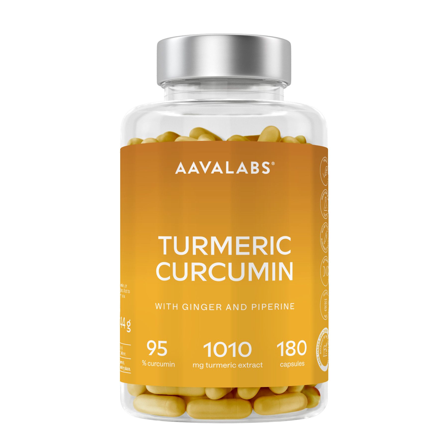 Flacone di capsule. Scritta: Turmeric Curcumin, zenzero e piperina. Marchio AAVALABS. 180 capsule.