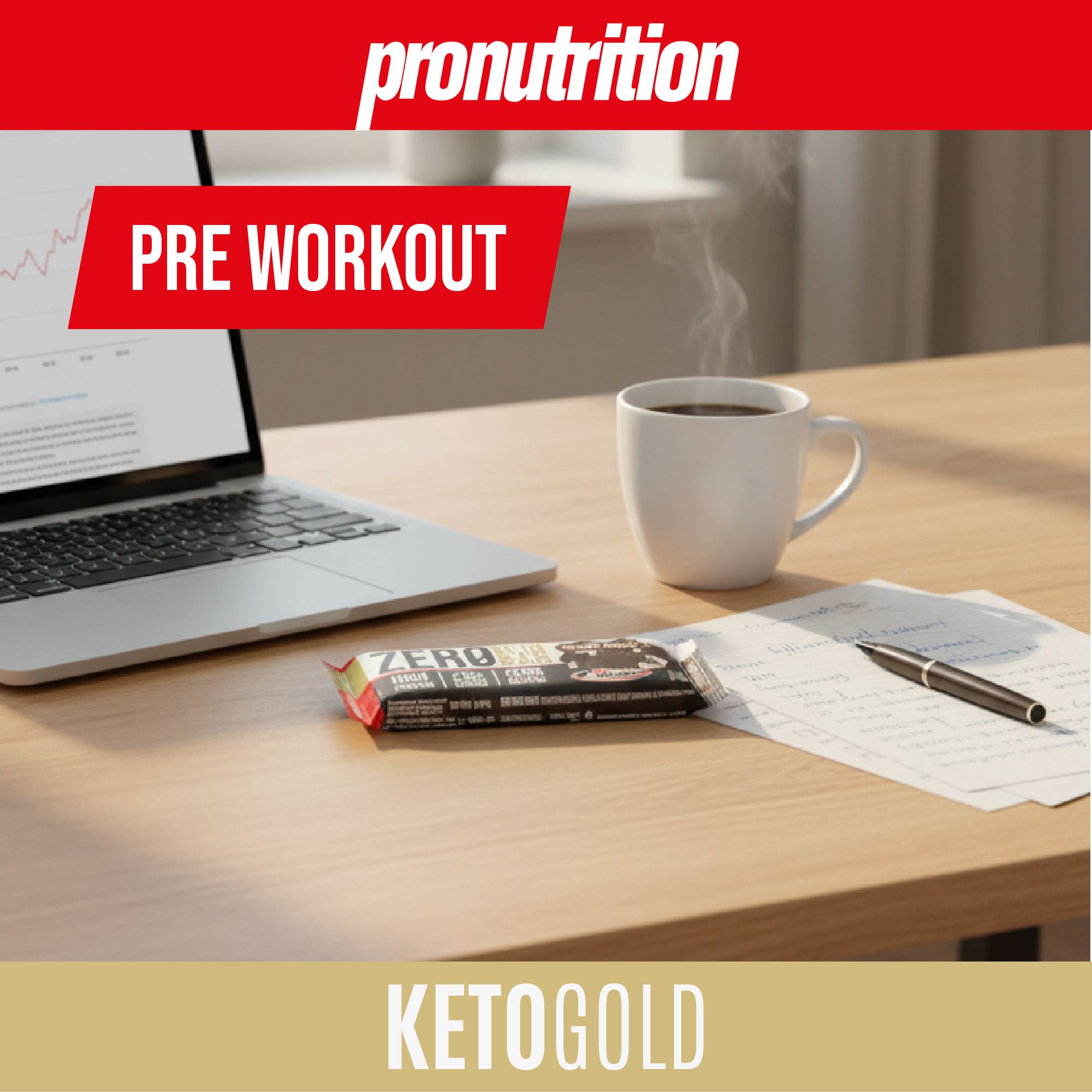 Barretta su tavolo con laptop, tazza di caffè e penna. Scritta: ZERO KETO BAR. Marchio: Pronutrition. Testo: PRE WORKOUT, KETOGOLD.