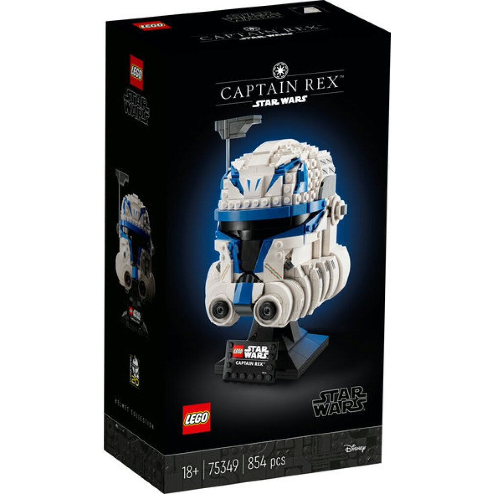 LEGO Star Wars Casco Captain Rex. Modello bianco-blu su supporto. Confezione nera con logo e testo.