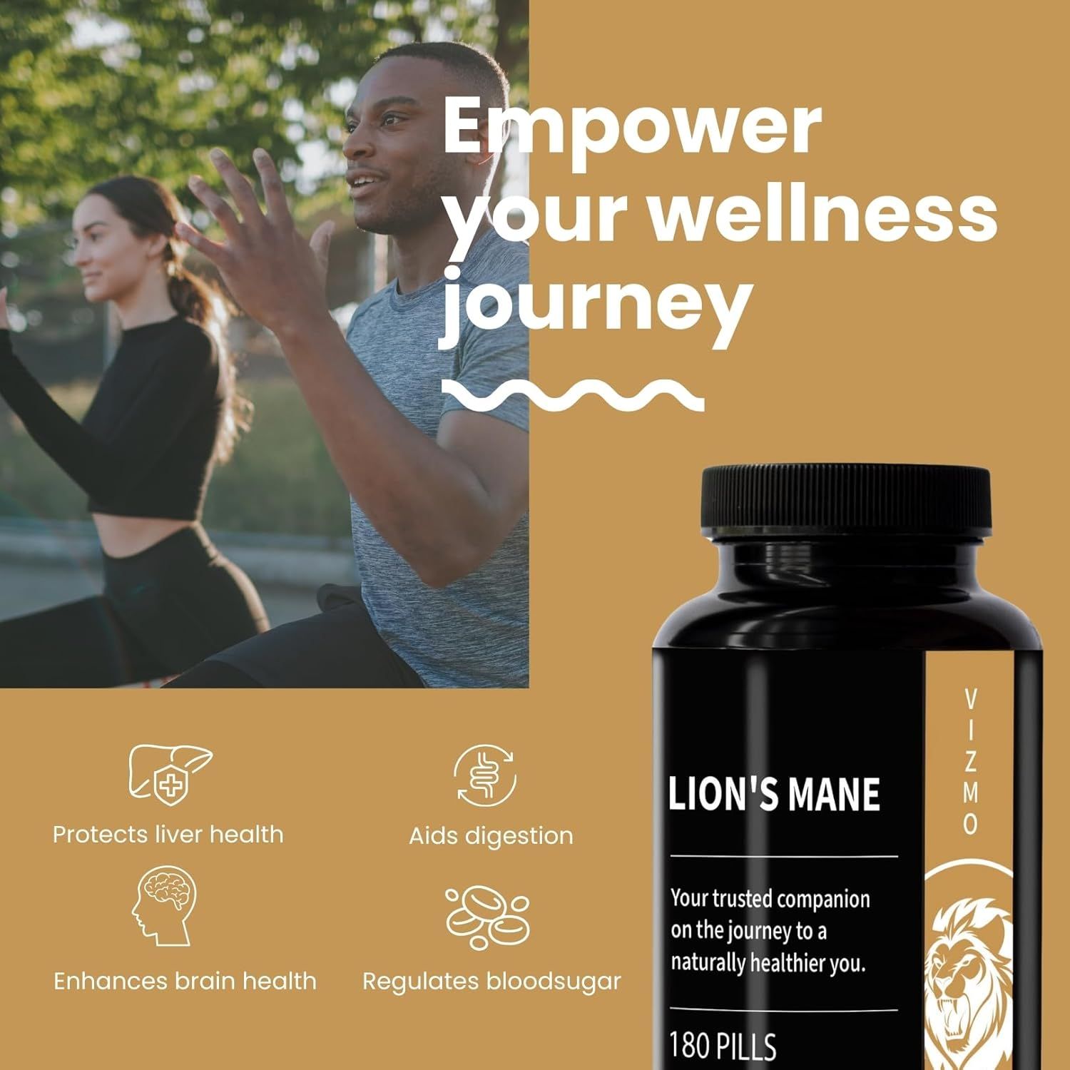 Persone che si allenano. Flacone di capsule Lion's Mane. Logo Vizmo. Supporta fegato, cervello, digestione, glicemia. 180 pillole.