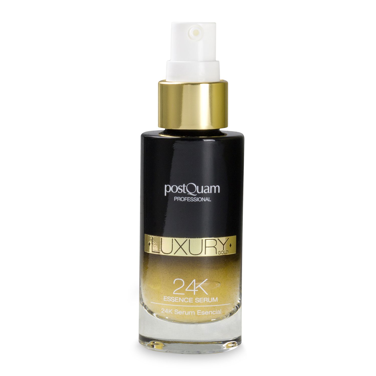 Flacone di siero con tappo dorato, etichetta "Luxury 24K Essence Serum".