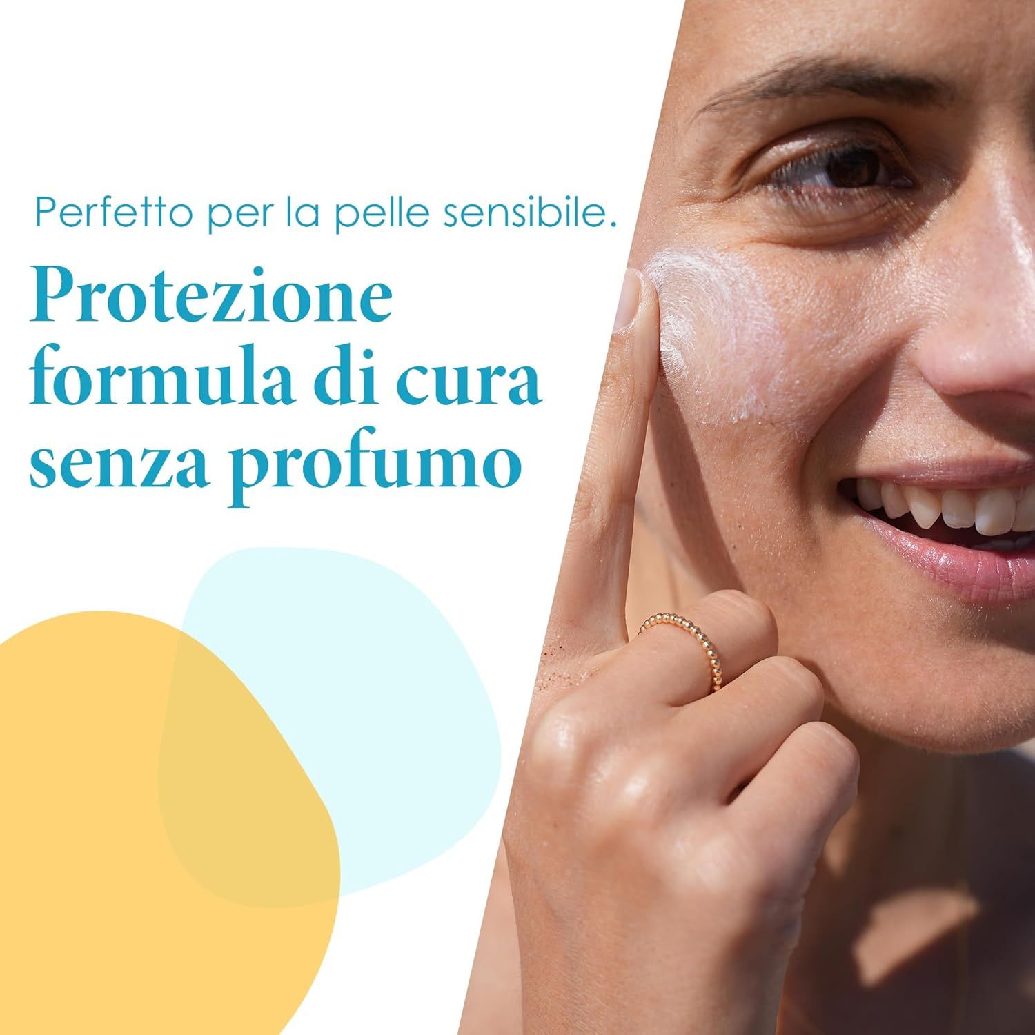 Donna applica crema sul viso. Testo: Formula protettiva senza profumo. Perfetto per pelli sensibili.