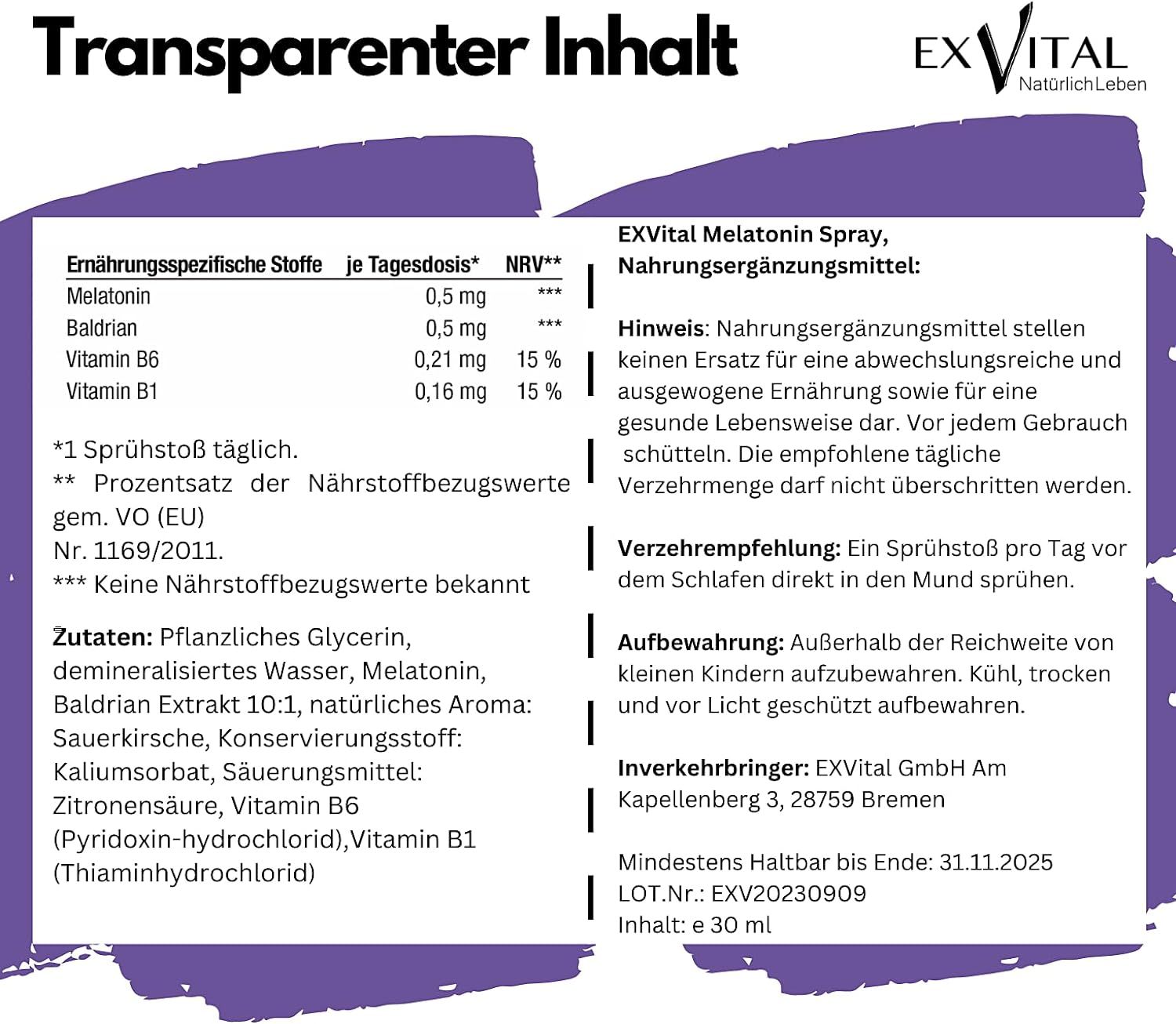 Informazioni sul prodotto con ingredienti, dosaggio, informazioni nutrizionali e avvertenze. Contiene melatonina, valeriana, vitamine B6 e B1. 30 ml.