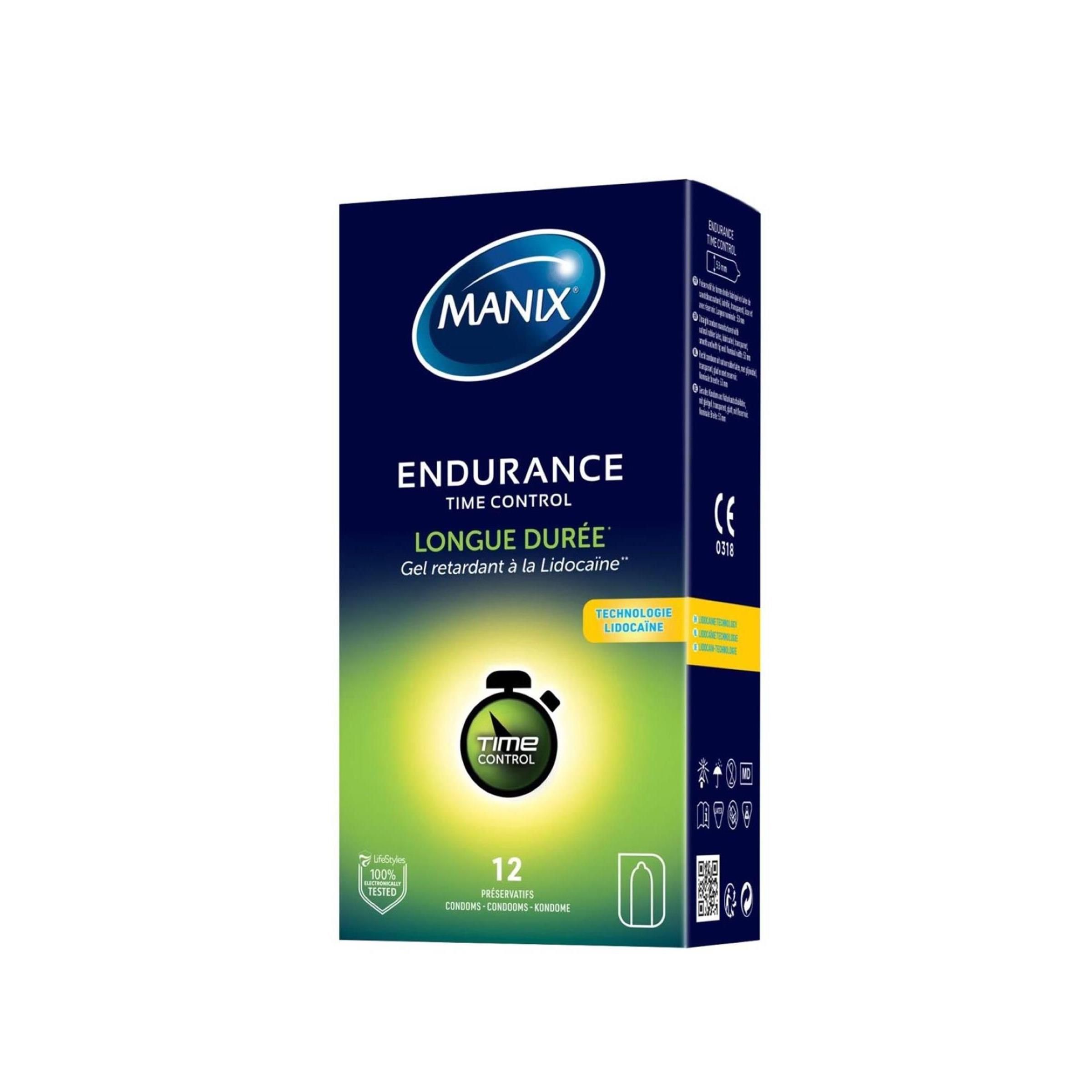Scatola blu scuro. Logo "MANIX". Scritta "ENDURANCE TIME CONTROL". 12 preservativi. Gel retardant à la Lidocaïne. Marchio CE.