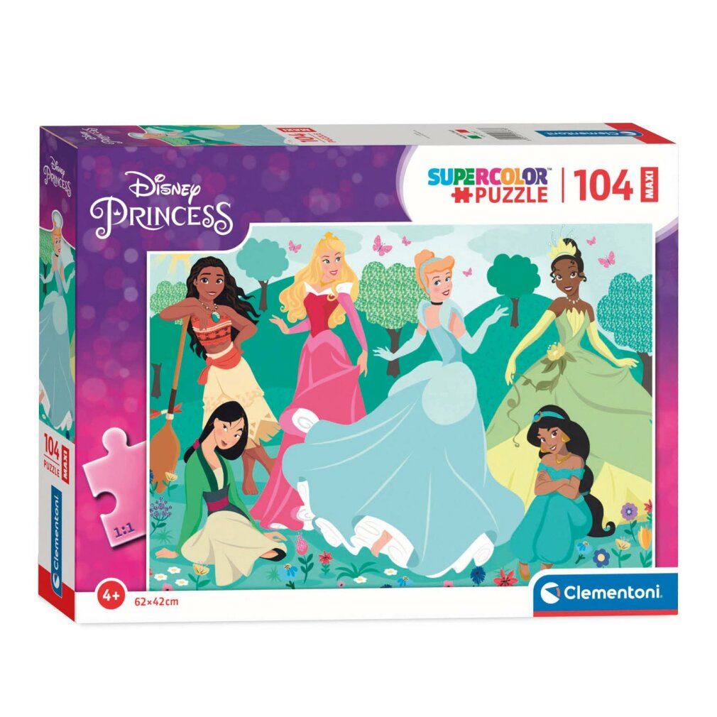 Clementoni Puzzle Disney Princess, 104 pezzi. Confezione con motivo puzzle. Età consigliata: 4+. Dimensioni: 62x42cm.
