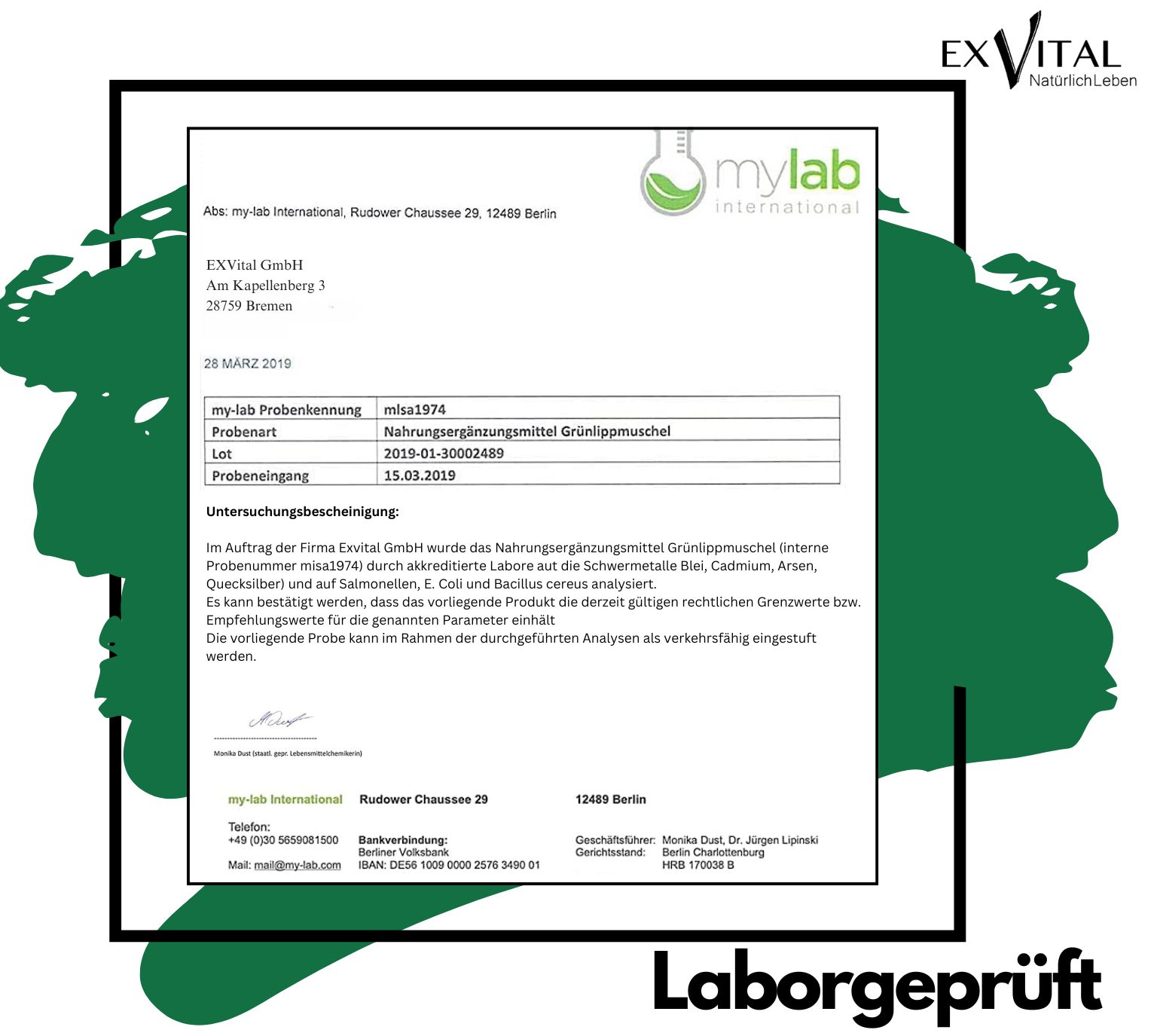 Testato in laboratorio. Documento con informazioni sul prodotto. Logo mylab international. Testo in tedesco.