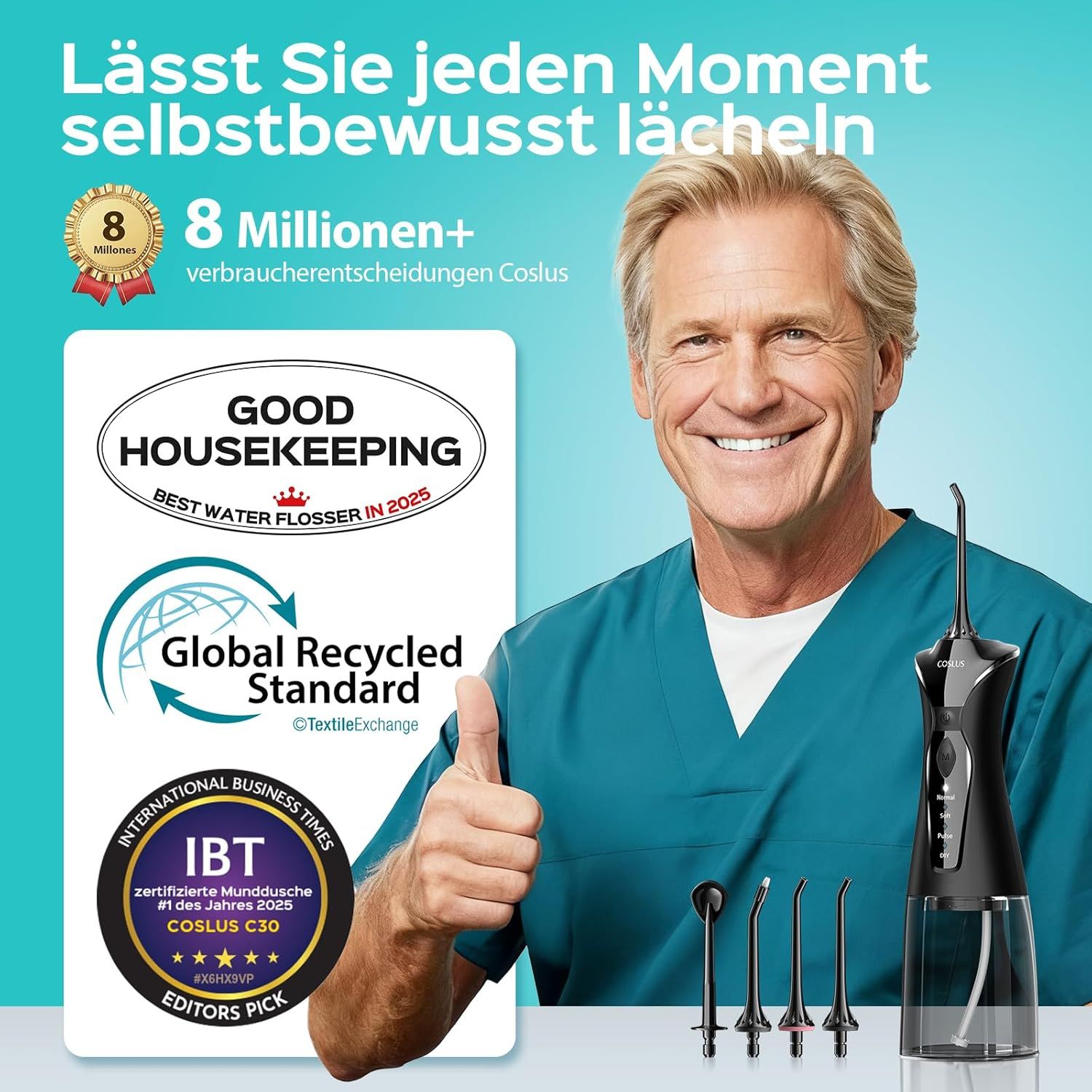 Idropulsore con certificazioni e premi. Uomo sorridente. Include ugelli e accessori. Dispositivo nero.