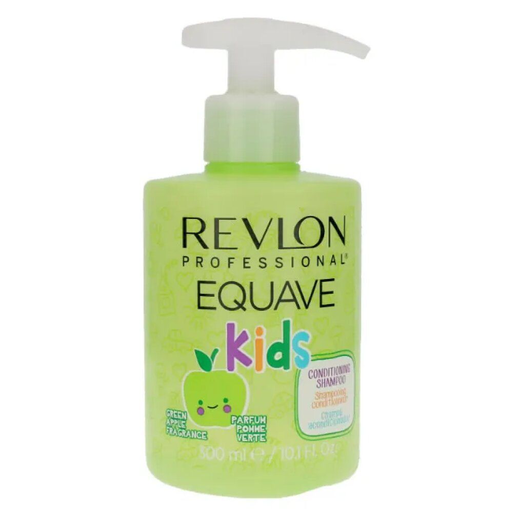 Flacone verde con dosatore bianco. Scritta: Revlon Equave Kids, profumo di mela. Contiene 300 ml.