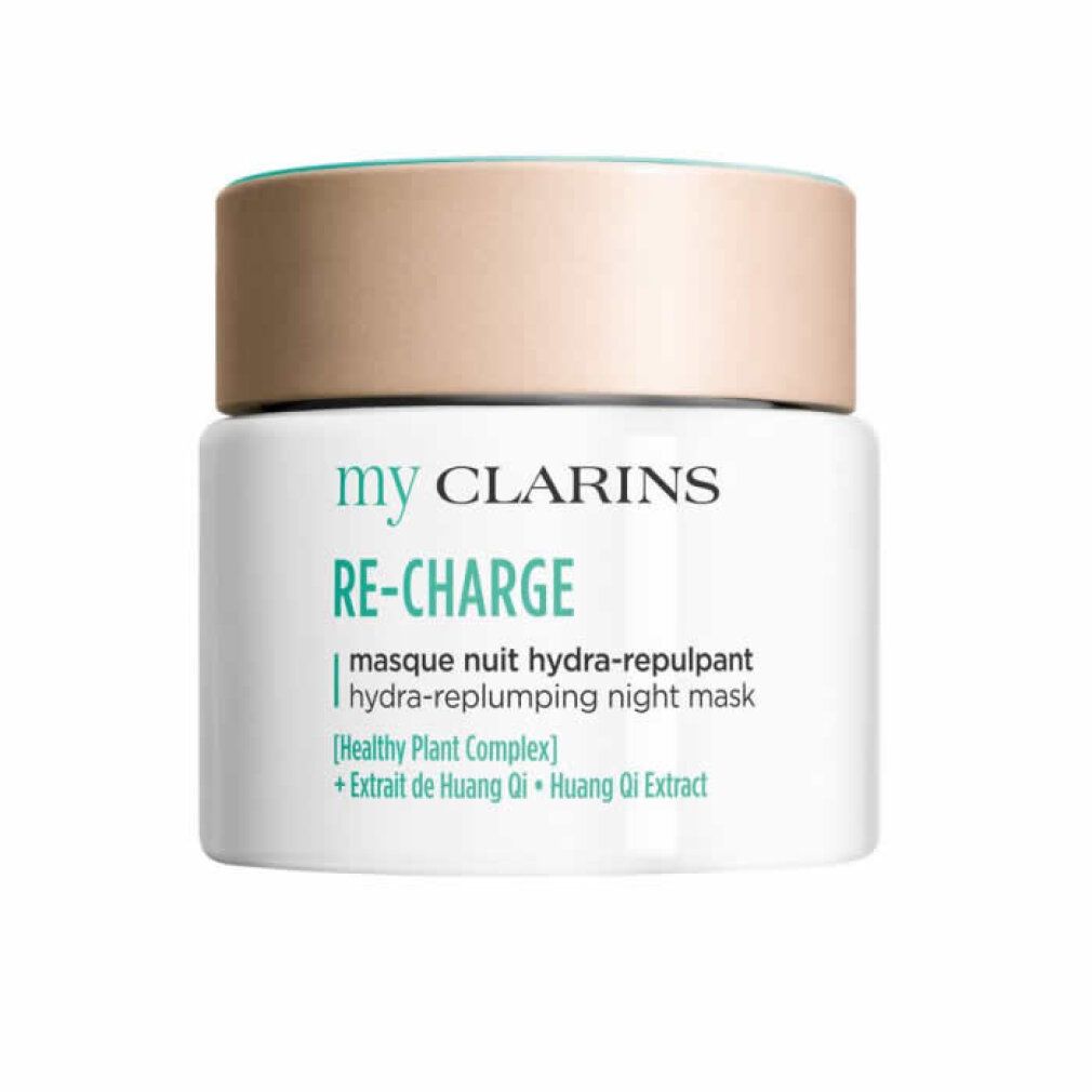 Vaso di crema bianco con coperchio beige. Testo: my CLARINS RE-CHARGE, masque nuit hydra-repulpant.