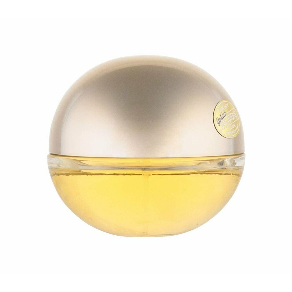 Flacone di profumo DKNY Golden Delicious. Forma sferica con tappo dorato. Scritta: Golden Delicious. Liquido di colore giallo.