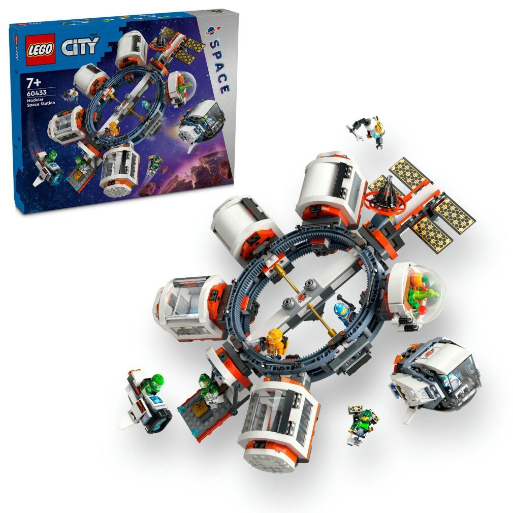 Set LEGO City Stazione Spaziale con navicelle e moduli. Include personaggi. Confezione sullo sfondo. Età consigliata: 7+.