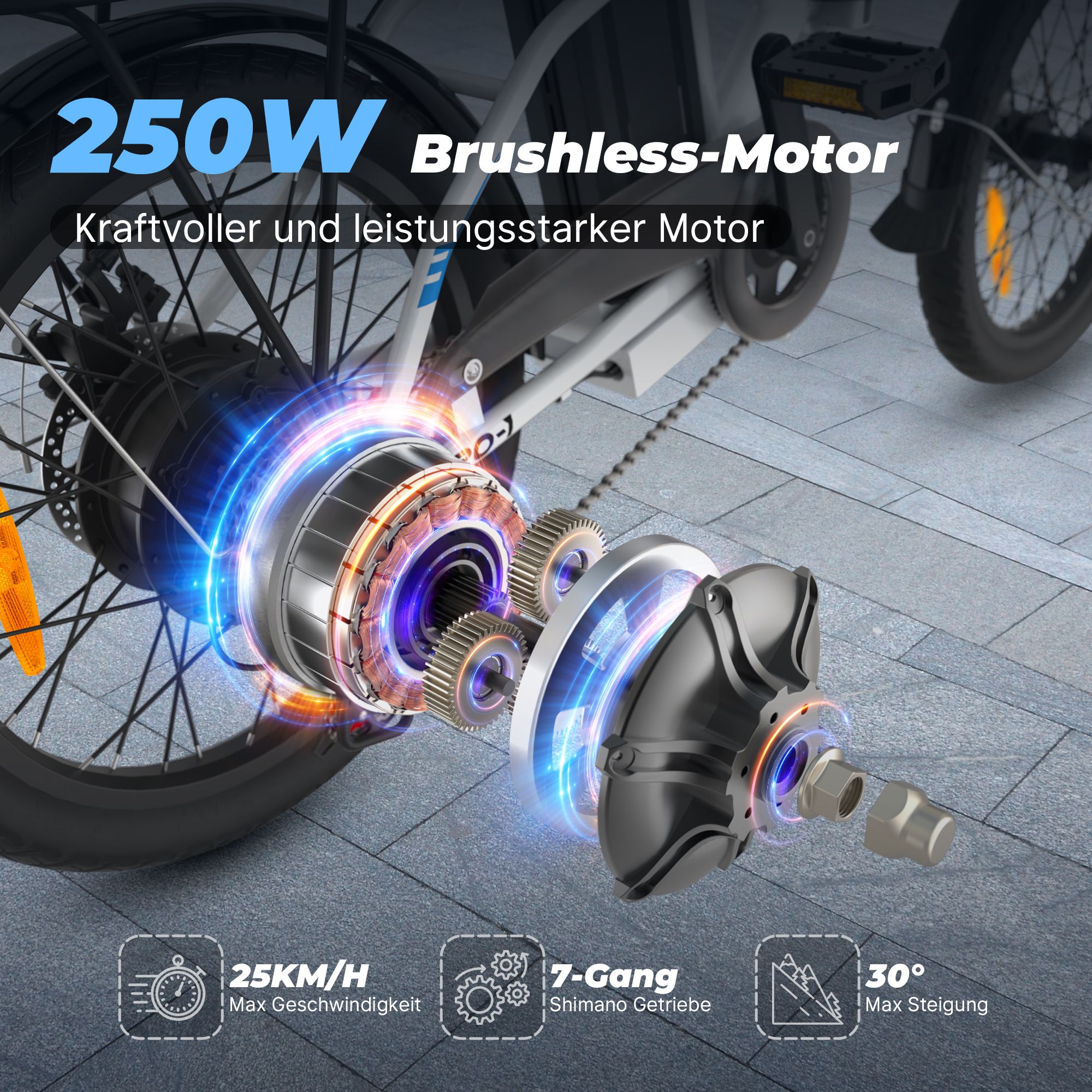 Motore e-bike. Motore brushless 250W. Velocità max. 25KM/H. Cambio Shimano a 7 velocità. Inclinazione max. 30°.