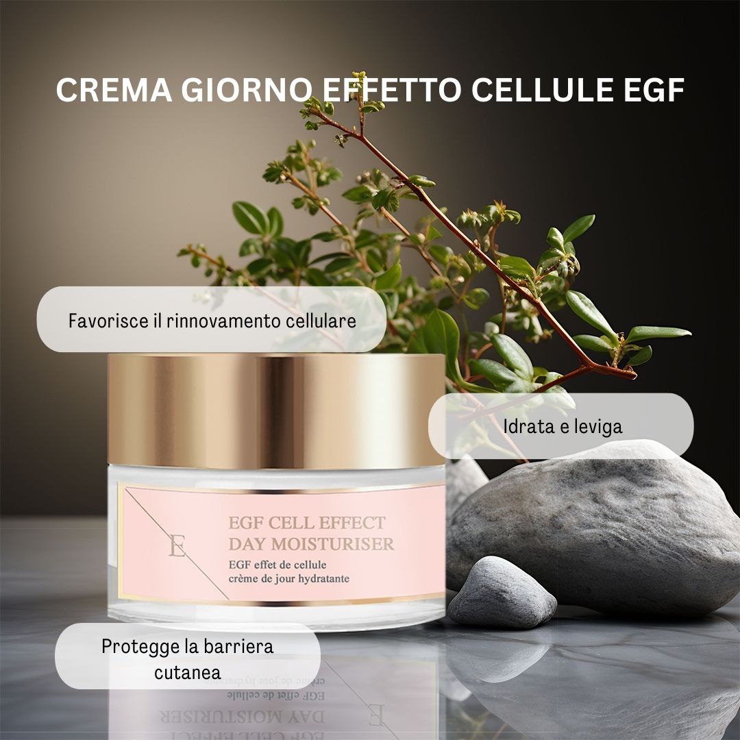 Vasetto di crema con coperchio dorato ed etichetta rosa. Testo: EGF Cell Effect Day Moisturiser. Sfondo: piante e pietre.