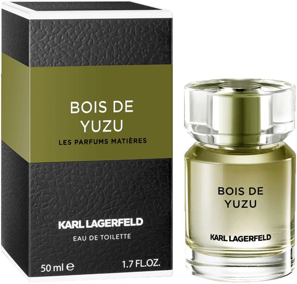 Flacone Karl Lagerfeld Bois de Yuzu. Flacone trasparente con tappo trasparente. Scritta Bois de Yuzu e Karl Lagerfeld.