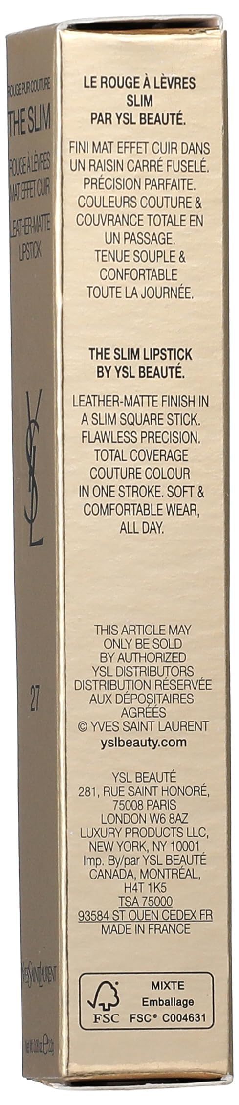 Confezione rossetto. Dorata con testo. Logo Yves Saint Laurent. Certificazione FSC.