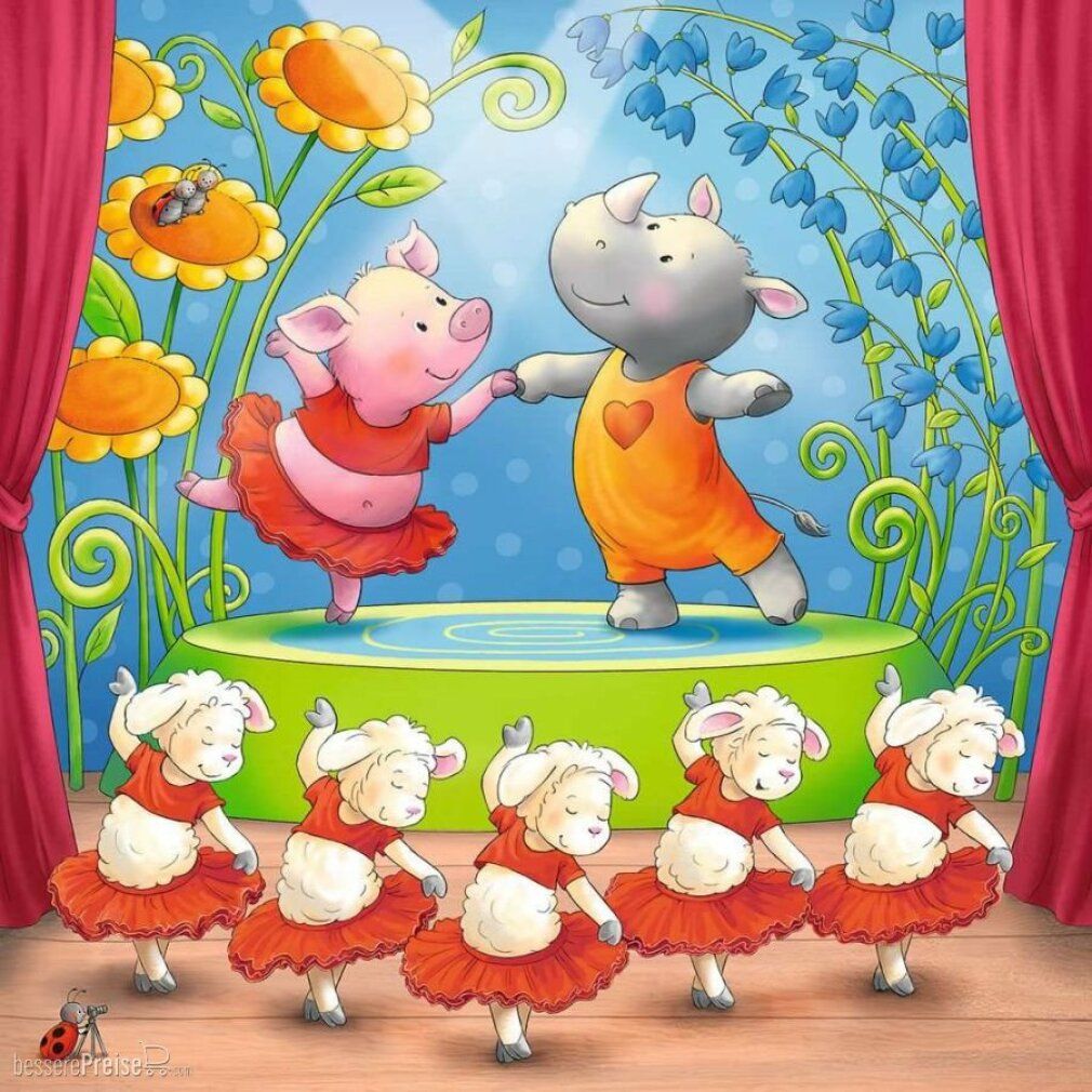 Motivo puzzle: maiale e rinoceronte ballano, pecore nel balletto. Tende rosse, palco blu, fiori.
