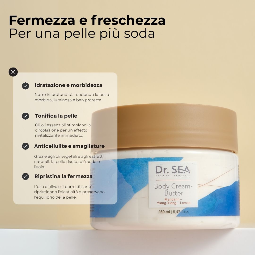 Vasetto di prodotto con testo. Testo: Idratazione e morbidezza, Tonifica la pelle, Anticellulite e smagliature, Ripristina la fermezza.