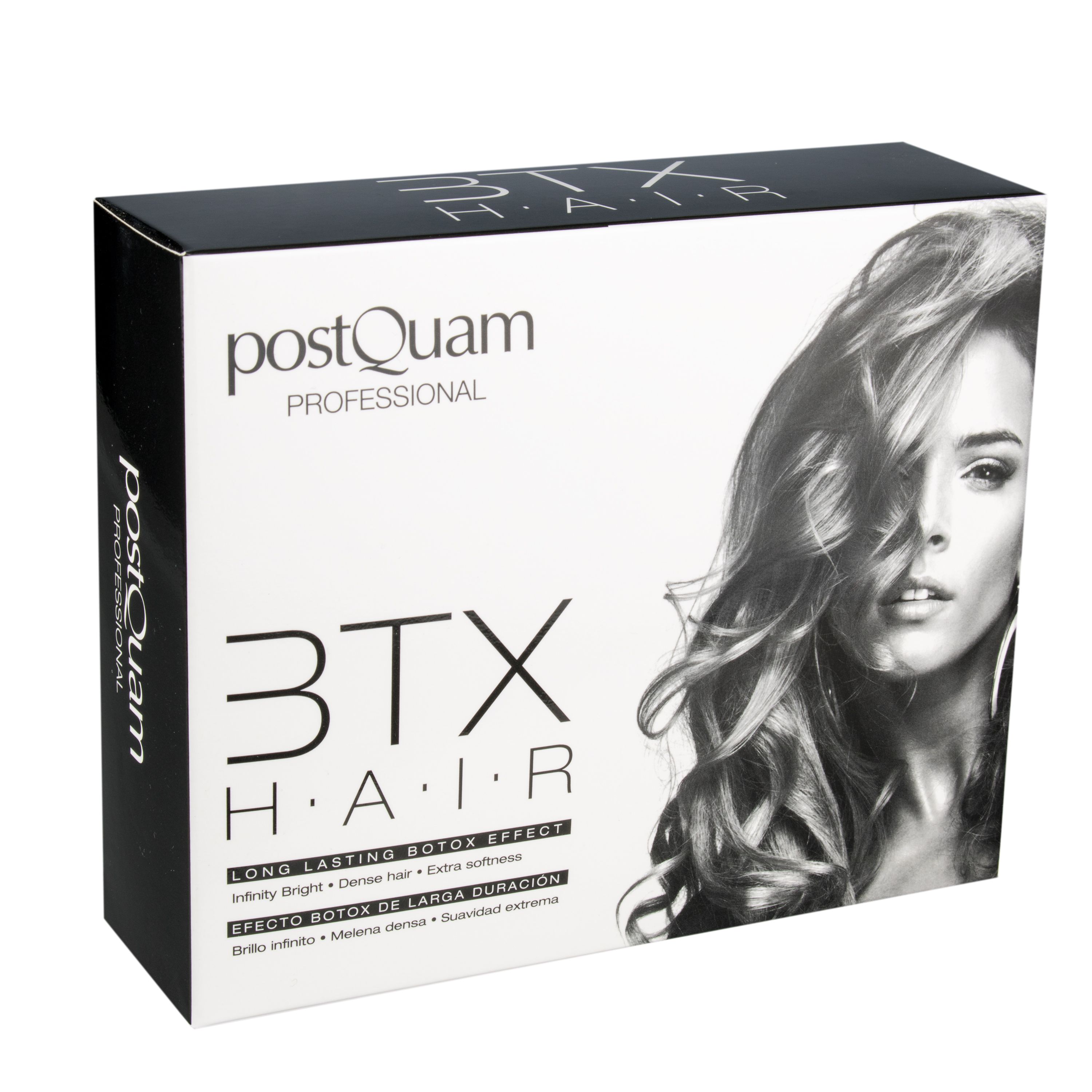 Confezione del prodotto con scritte: PostQuam, 3TX HAIR. Immagine di donna con capelli mossi.