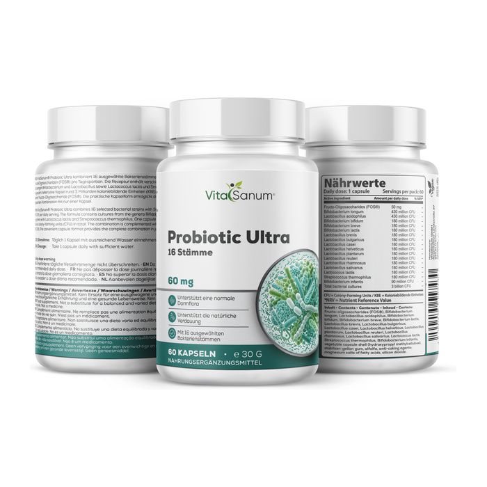 VitaSanum Probiotic Ultra Capsule: Tre contenitori con dettagli nutrizionali e informazioni sul prodotto.