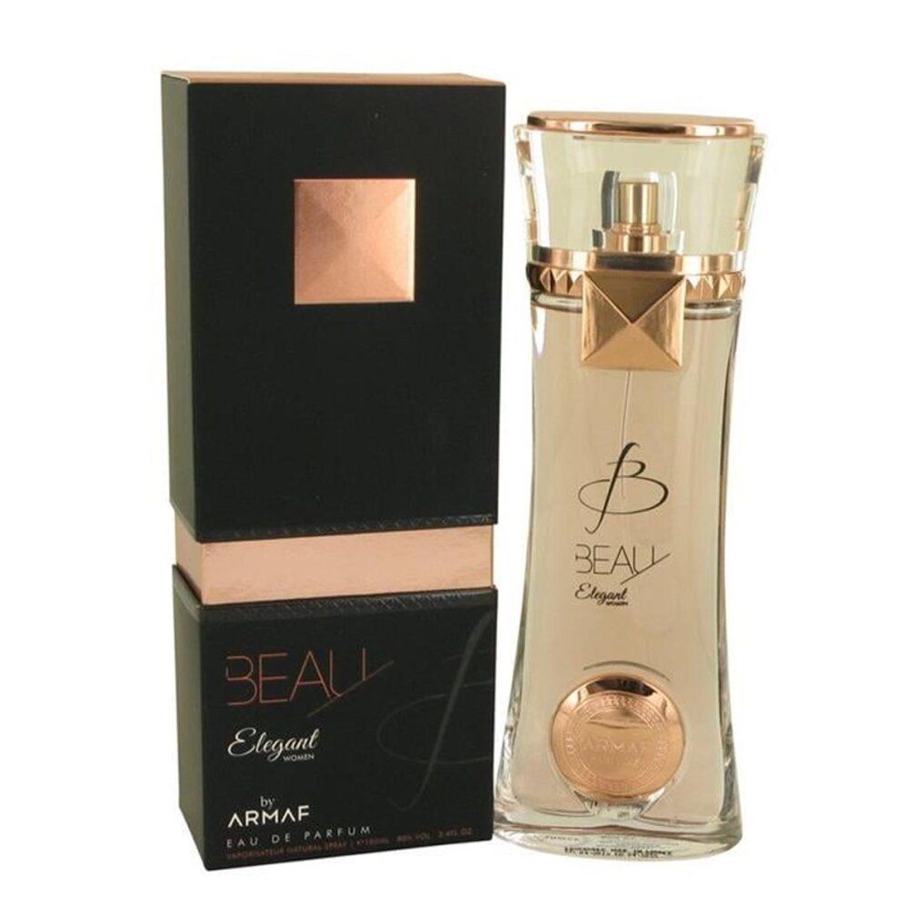 Flacone di profumo e confezione. Flacone con contenuto rosa, dettagli dorati. Confezione nera con dettagli dorati e nome del prodotto.