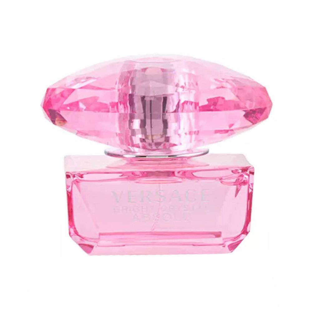 Flacone di profumo rosa con tappo a cristallo. Scritta: Versace Bright Crystal Absolu. Forma quadrata.