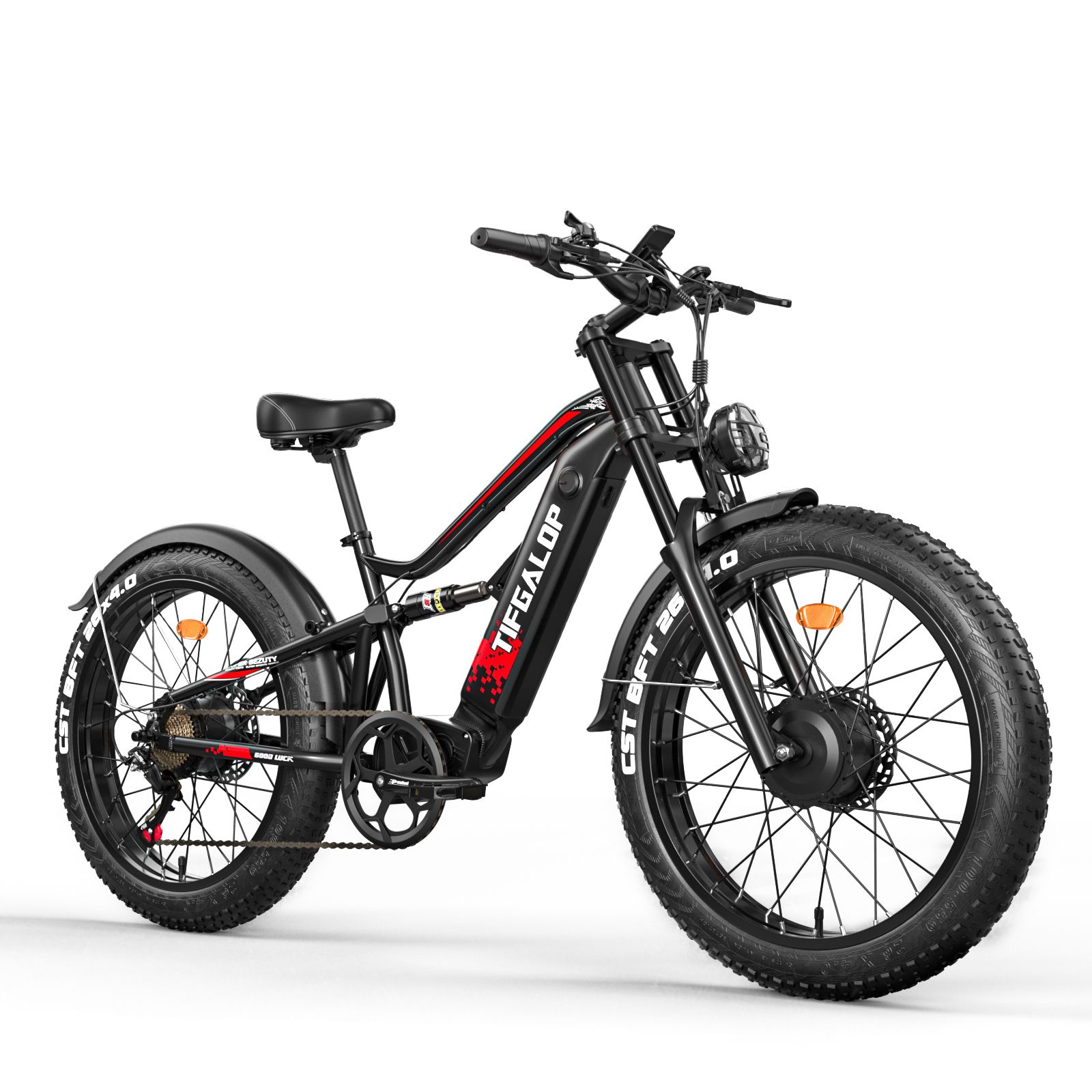 Bicicletta elettrica nera TIFGALOP. Pneumatici larghi, portapacchi e faro.