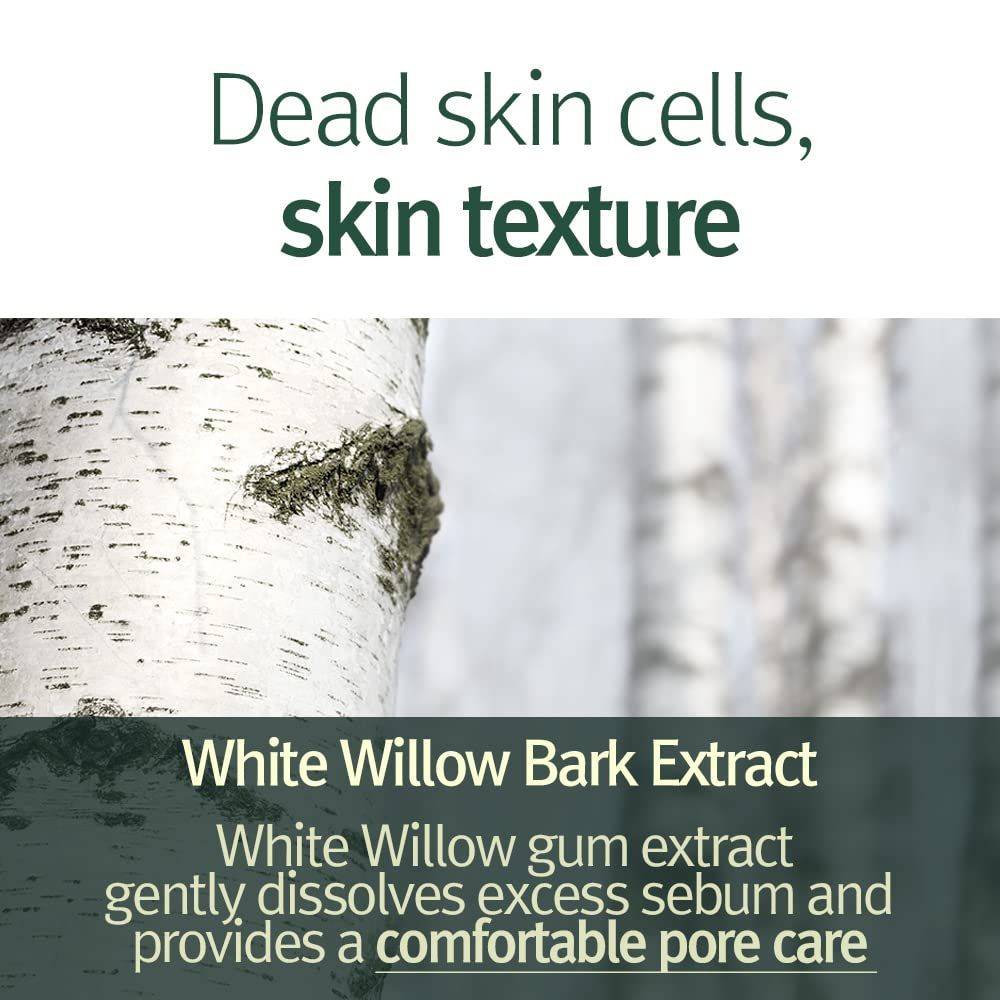 Primo piano di un tronco d'albero. Testo: White Willow Bark Extract. Testo: White Willow gum extract gently dissolves excess sebum.