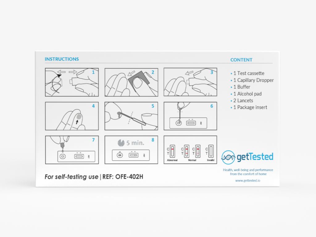 Confezione con istruzioni per autotest. Illustrazioni delle fasi del test. Elenco dei componenti del test.
