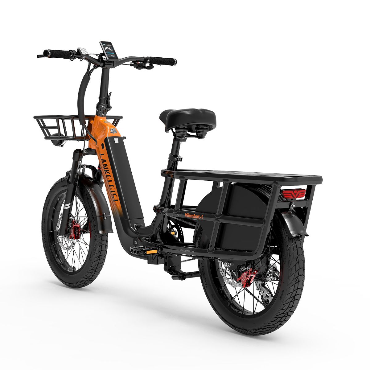 E-bike da carico arancione e nero. Cestino, portapacchi. Marchio Lankeleisi. Freni a disco. Pneumatici neri. Display digitale.