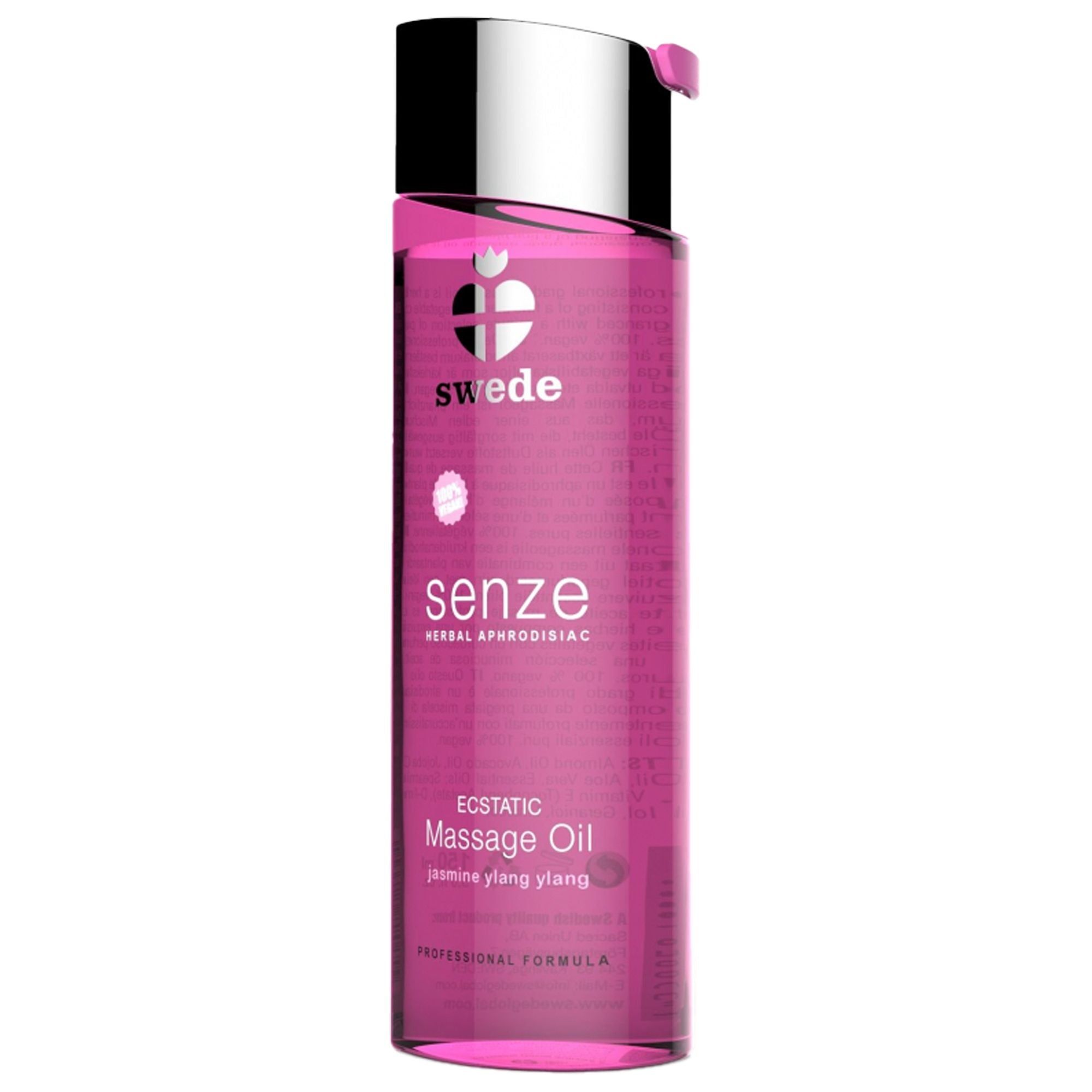 Flacone rosa con tappo argentato. Scritte: swede, senze, Massage Oil. Contiene gelsomino, ylang-ylang e neroli.
