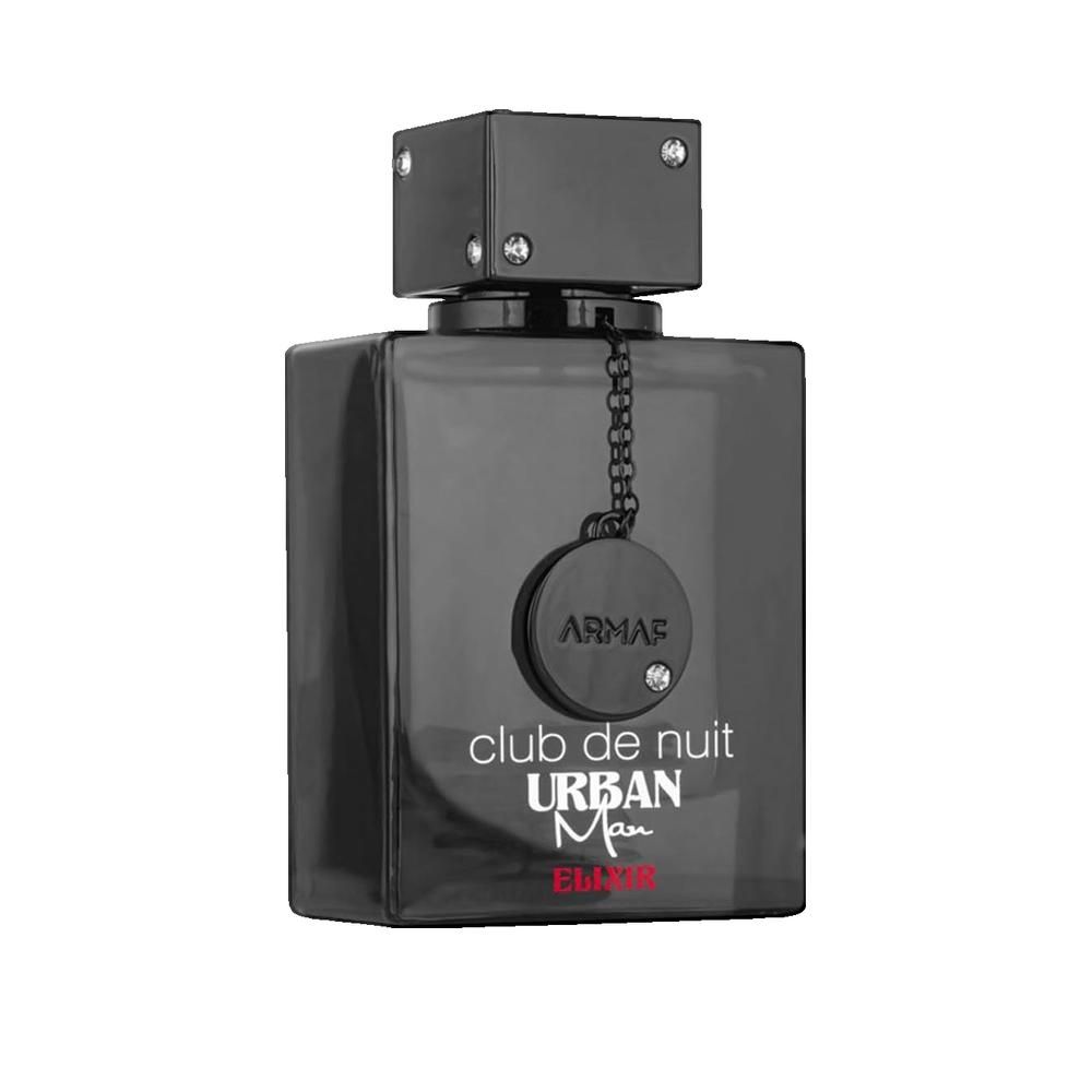 Flacone nero con tappo quadrato. Scritta: Club de Nuit Urban Man Elixir. Ciondolo con catena.
