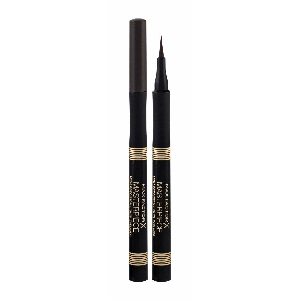 Eyeliner nero con dettagli dorati. Sono visibili la penna e il cappuccio. Sulla penna si legge "Masterpiece High Precision Liquid Eyeliner".