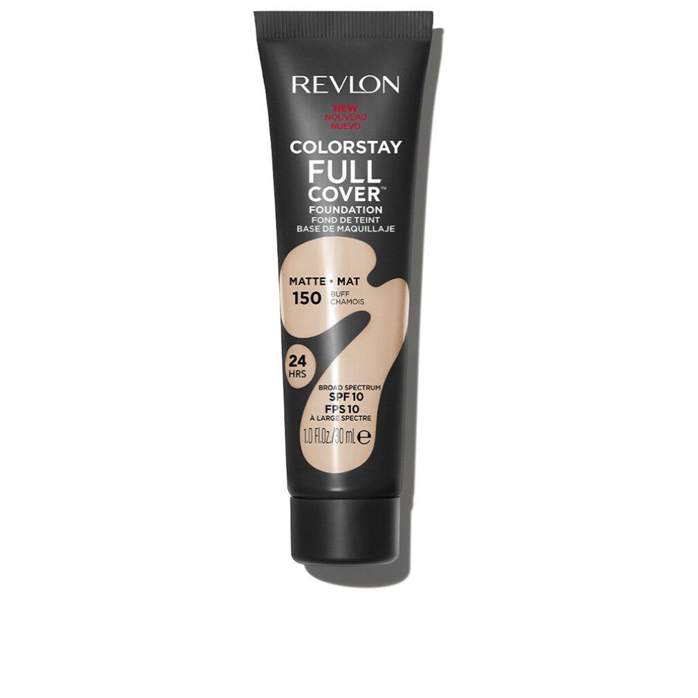 Tubo nero con nome del prodotto e tonalità 150-Buff. Contiene testo come 'Colorstay Full Cover' e 'Matte'.