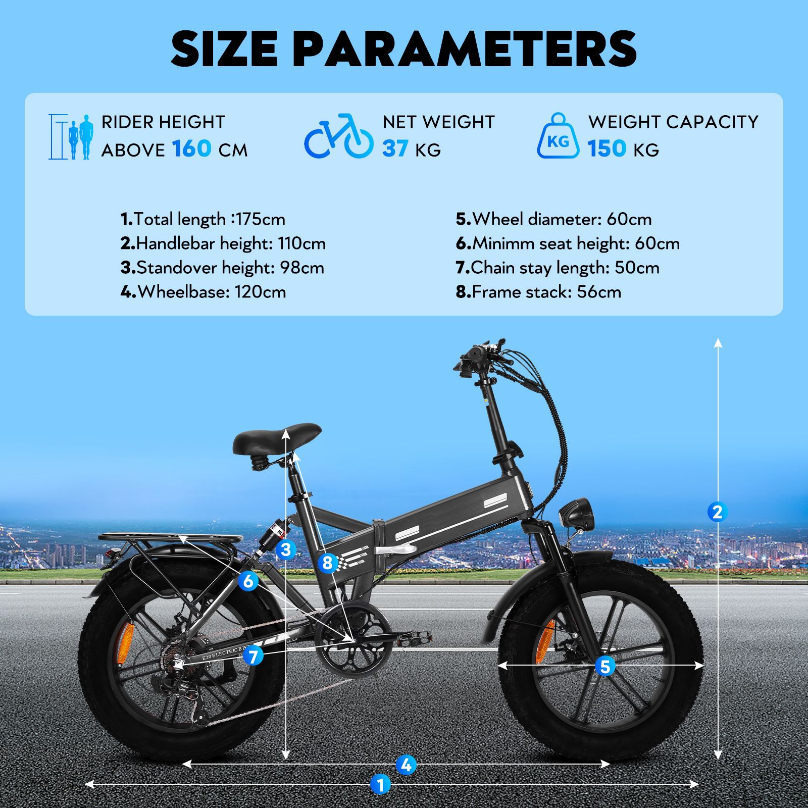 Bicicletta OOK-TEK E20 con dimensioni. Altezza totale, altezza manubrio, interasse, peso.